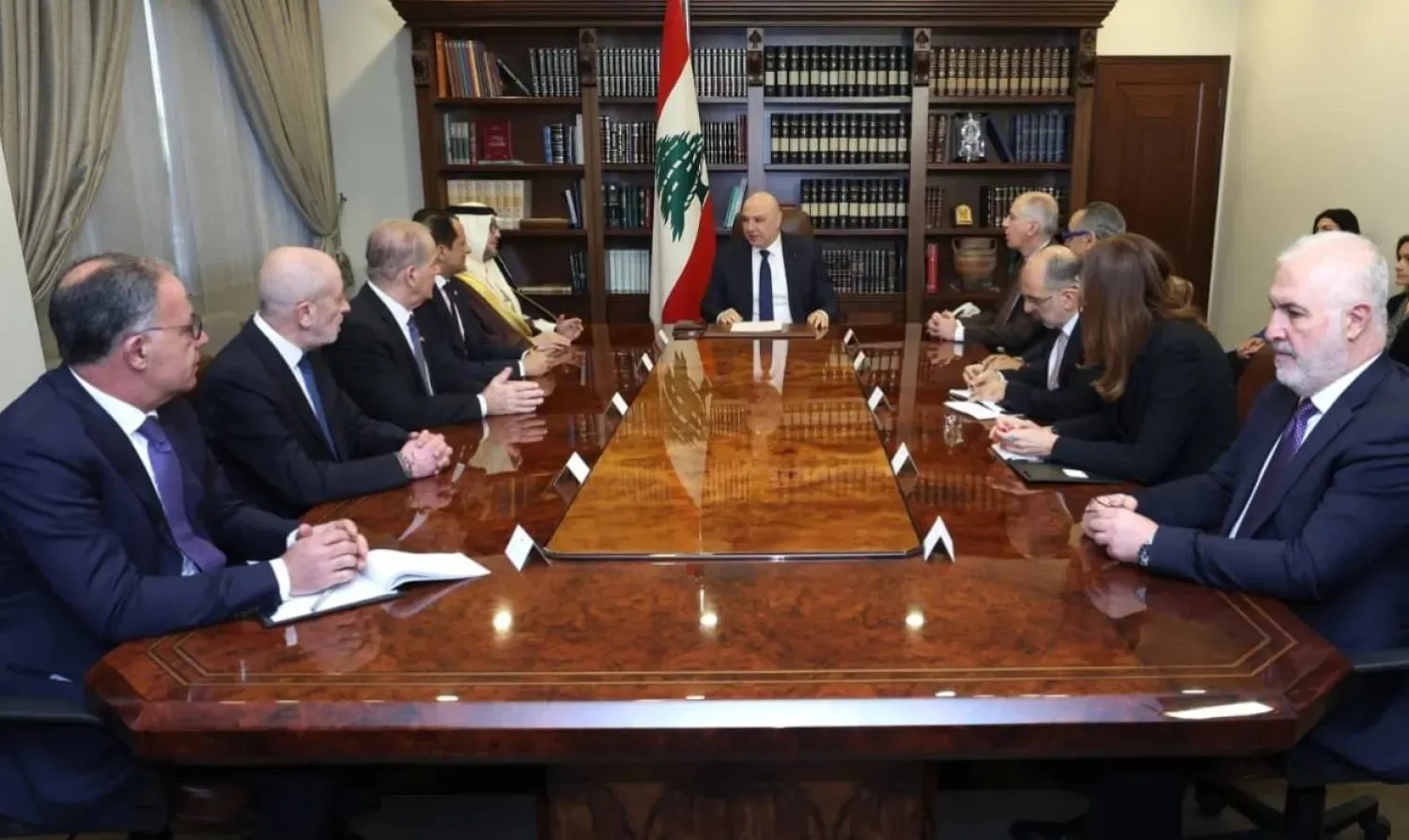 President Aoun meets with members of the Quintet at the presidential palace on Tuesday. (Lebanese Presidency)