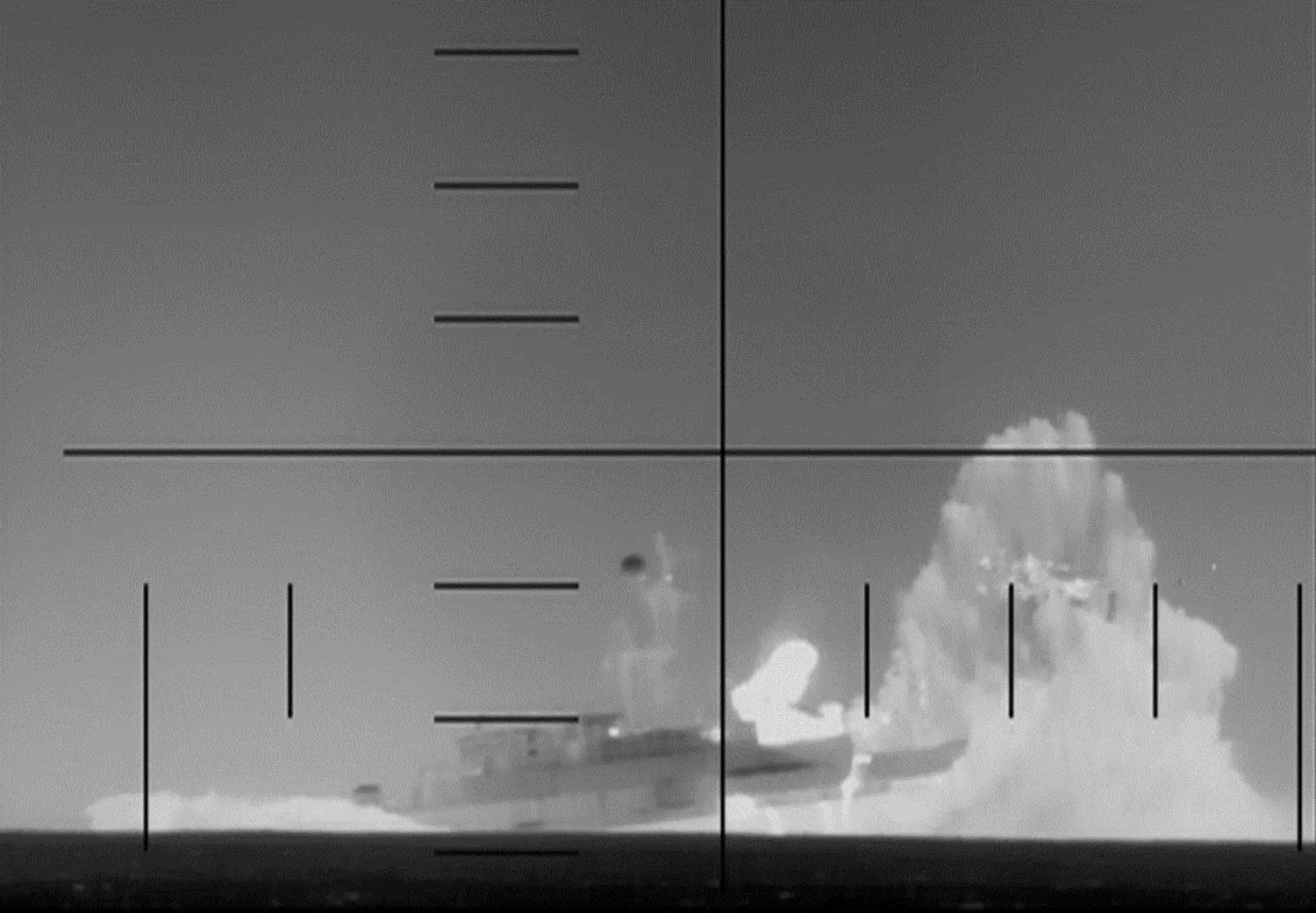 This frame grab from a video released by the US Department of Defense on March 4, 2026, shows what the Department of Defense says is periscope footage of a US Navy submarine firing on and sinking an Iranian warship in the Indian Ocean. (Photo by US Department of Defense / AFP) 