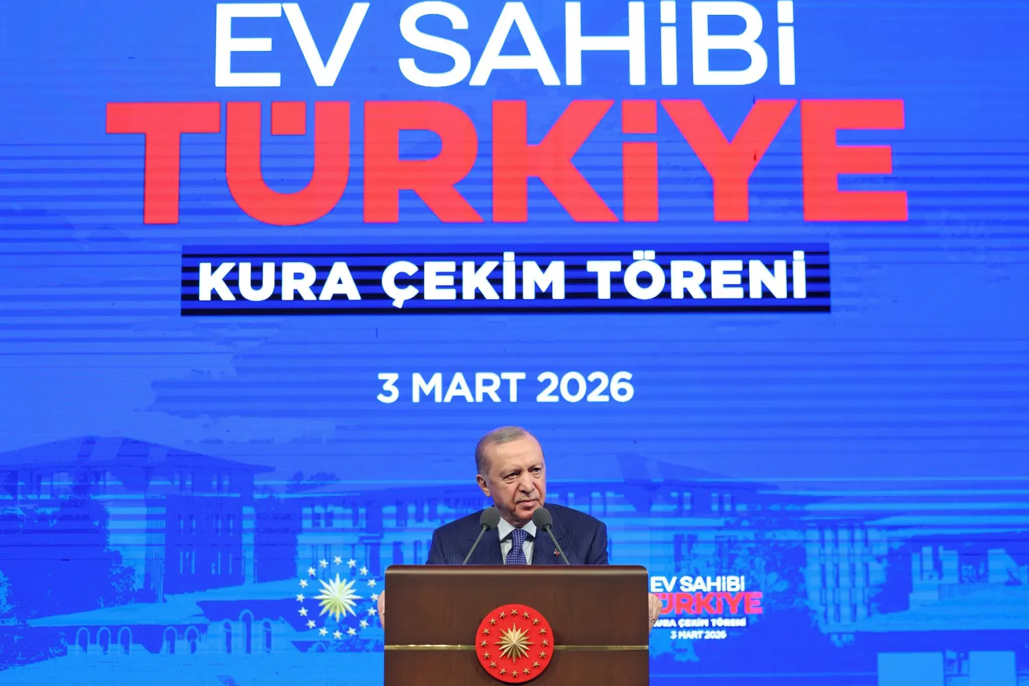 03 March 2026, Türkiye, Ankara: Türkiye’s President Recep Tayyip Erdogan speaks during the lottery ceremony for a social housing project in Ankara. (Turkish Presidency/dpa) 