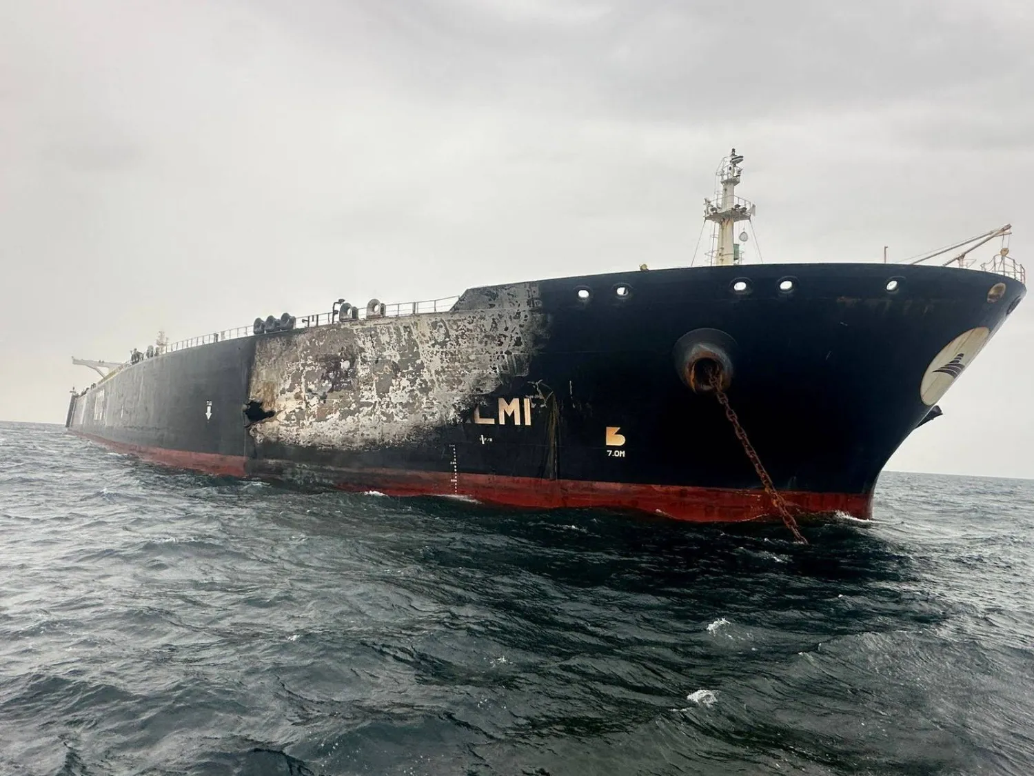 Damage to the Kuwait-flagged Al-Salmi crude oil tanker, following a reported strike, amid the US-Israeli conflict with Iran, March 31, 2026. (Kuwait Petroleum Corporation / Reuters)