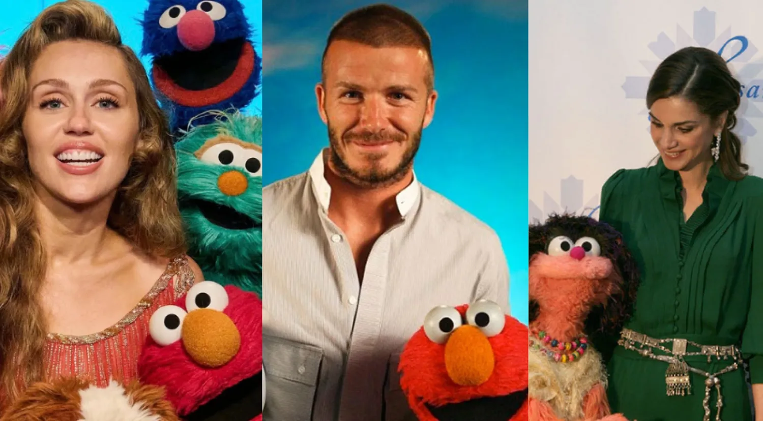 الملكة رانيا وديفيد بيكهام ومايلي سايرس مع شخصيات من «شارع سمسم» (موقع البرنامج)