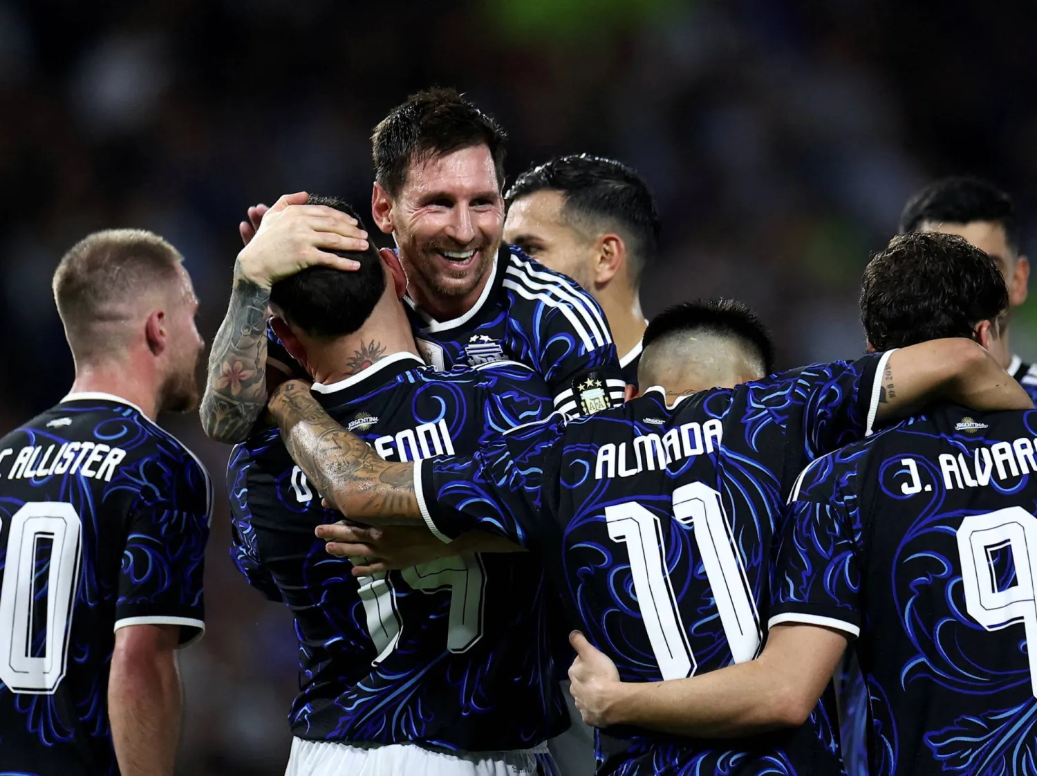 Soccer Football - International Friendly - Argentina v Zambia - Estadio La Bombonera, Buenos Aires, Argentina - March 31, 2026 Argentina's Nicolas Otamendi celebrates scoring their third goal with Lionel Messi REUTERS/Agustin Marcarian 