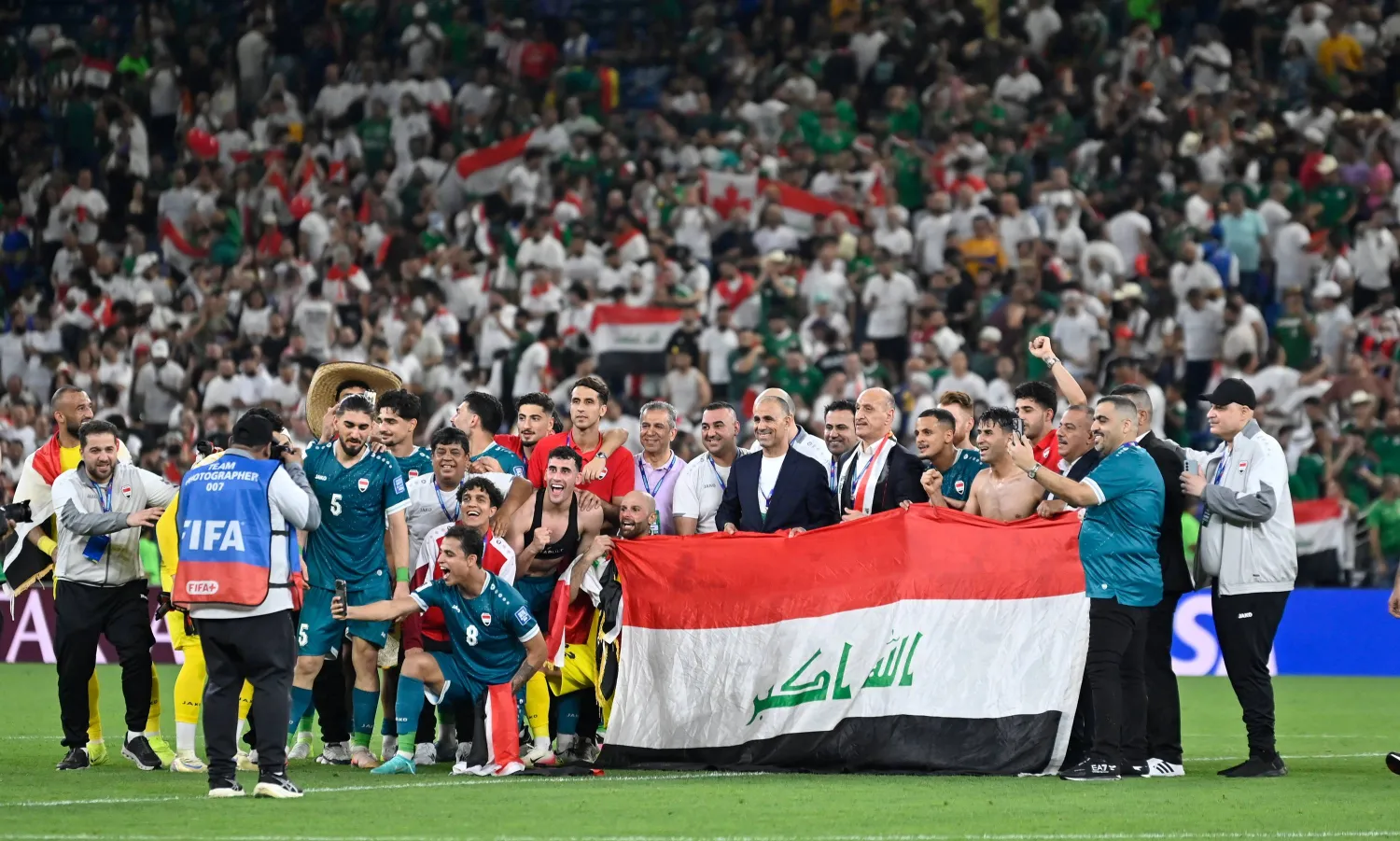 Iraqi players celebrate at the end of the 2026 FIFA World Cup playoff match between Iraq and Bolivia in Guadalupe, Mexico, 31 March 2026. (EPA) 