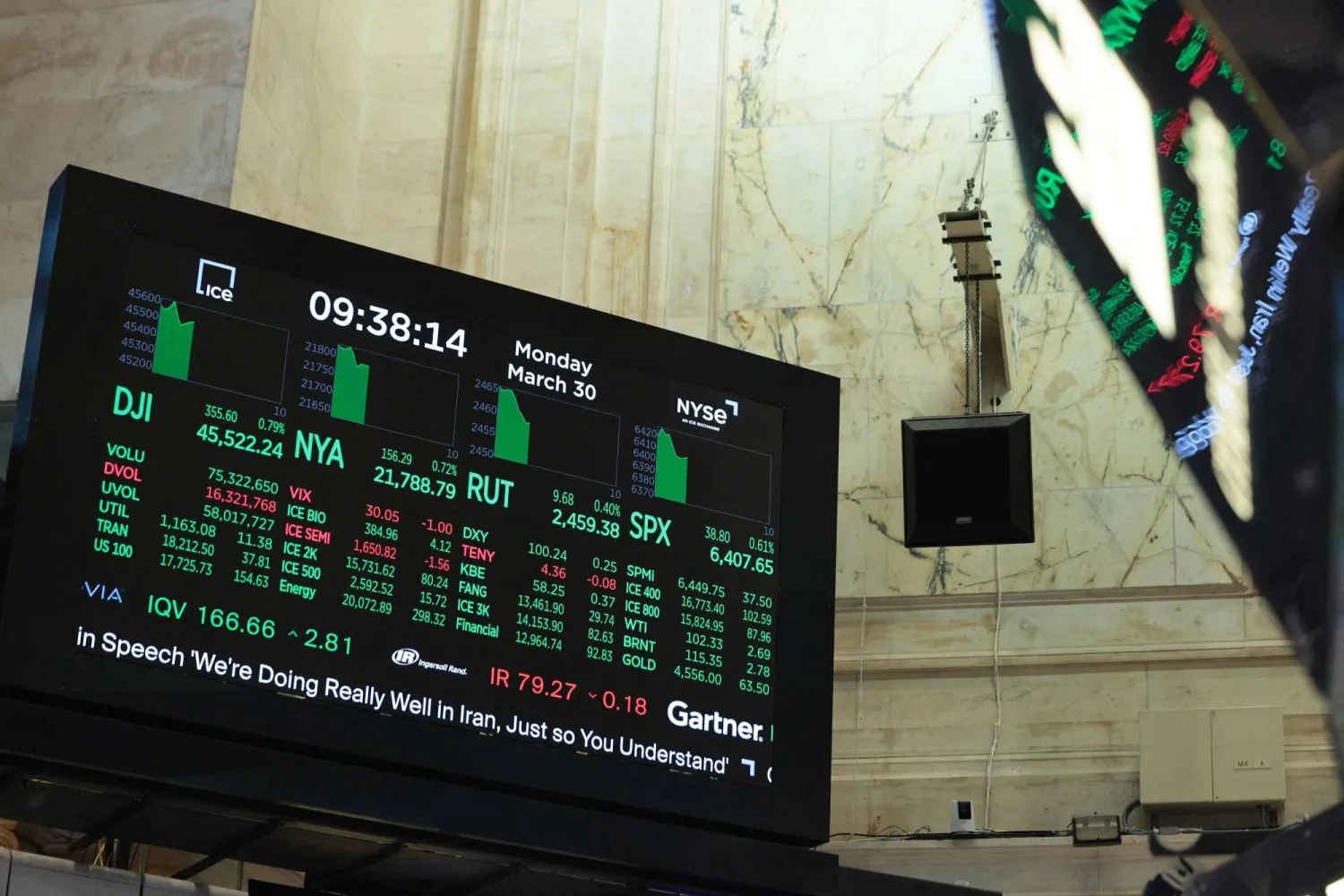 شاشة تعرض مؤشرات الأسهم في قاعة بورصة نيويورك خلال التداول الصباحي (أ.ف.ب)