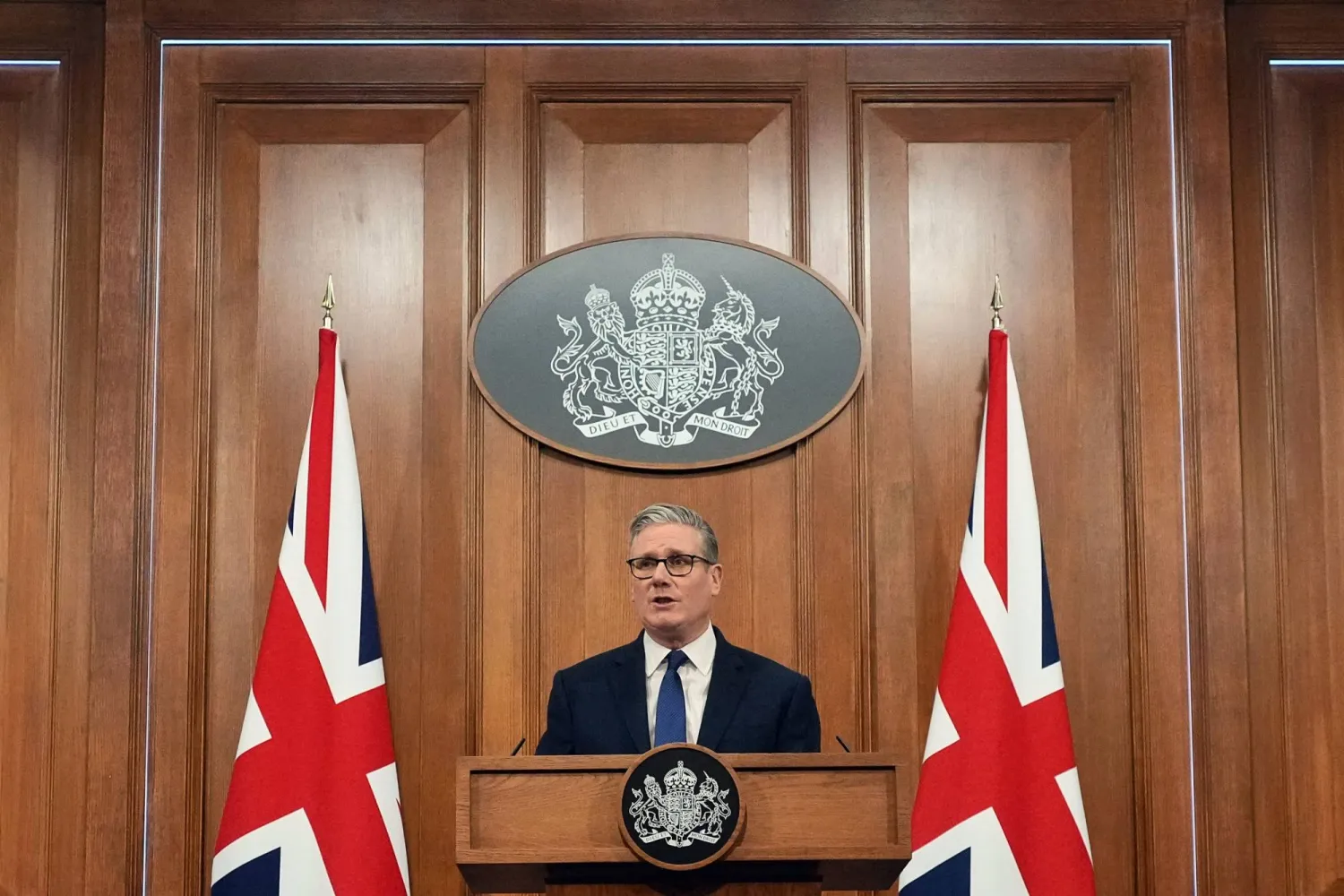 British Prime Minister Keir Starmer speaks during a press conference to update on the latest situation in the Middle East and how the government is supporting families at home at 10 Downing Street in London, on April 1, 2026. (Photo by Frank Augstein / POOL / AFP)