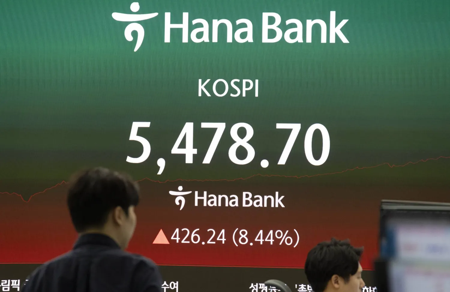 متداولون كوريون جنوبيون يعملون أمام شاشات في بنك هانا في سيول (إ.ب.أ)