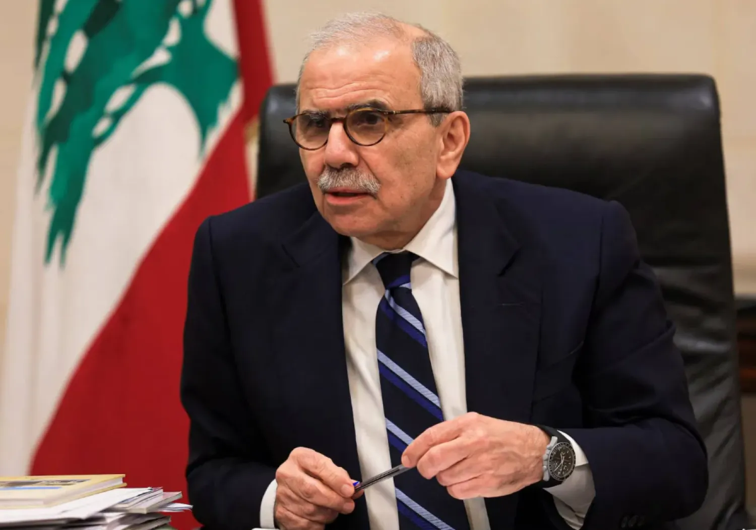 Lebanese Prime Minister Nawaf Salam speaks to reporters at the Grand Serail in Beirut, December 3, 2025. (Reuters)