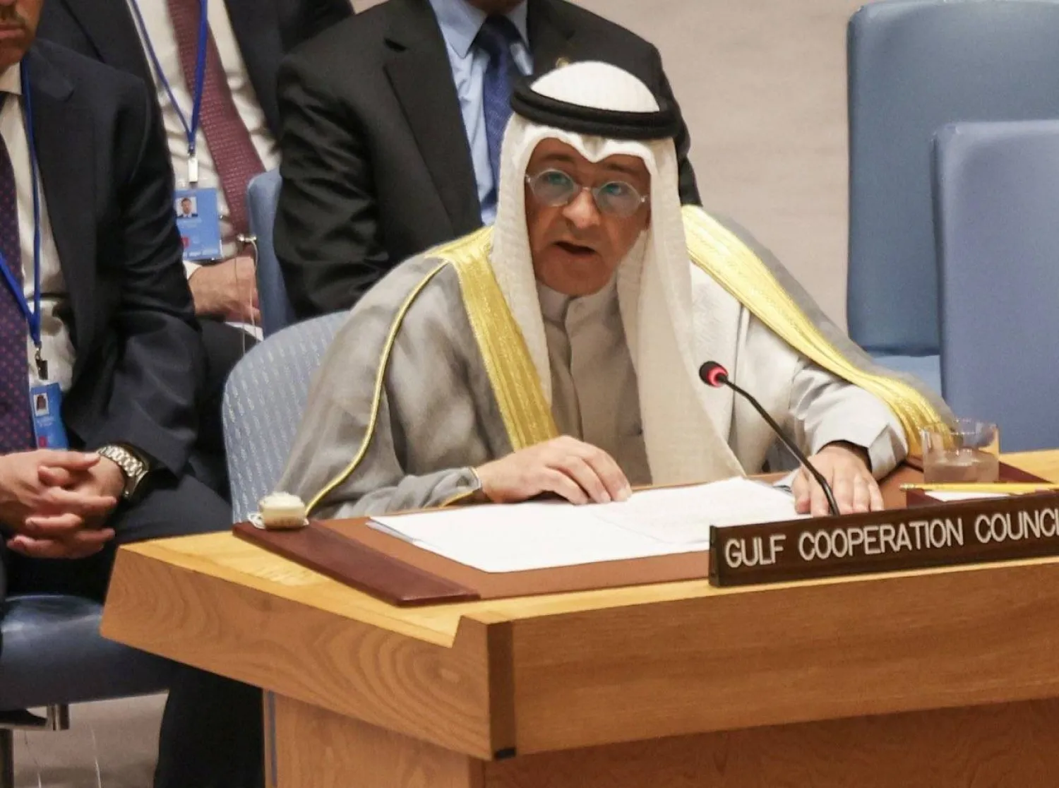 جاسم البديوي خلال تقديمه إحاطة رفيعة المستوى بمجلس الأمن الدولي في نيويورك الخميس (مجلس التعاون الخليجي)