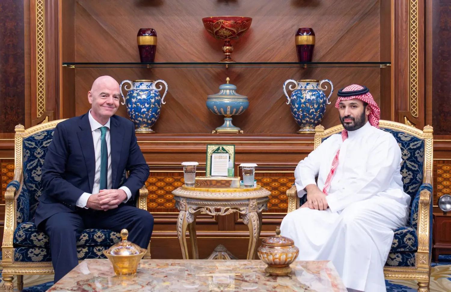 Saudi Crown Prince and Prime Minister Prince Mohammed bin Salman bin Abdulaziz Al Saud met with FIFA president Gianni Infantino. (SPA)