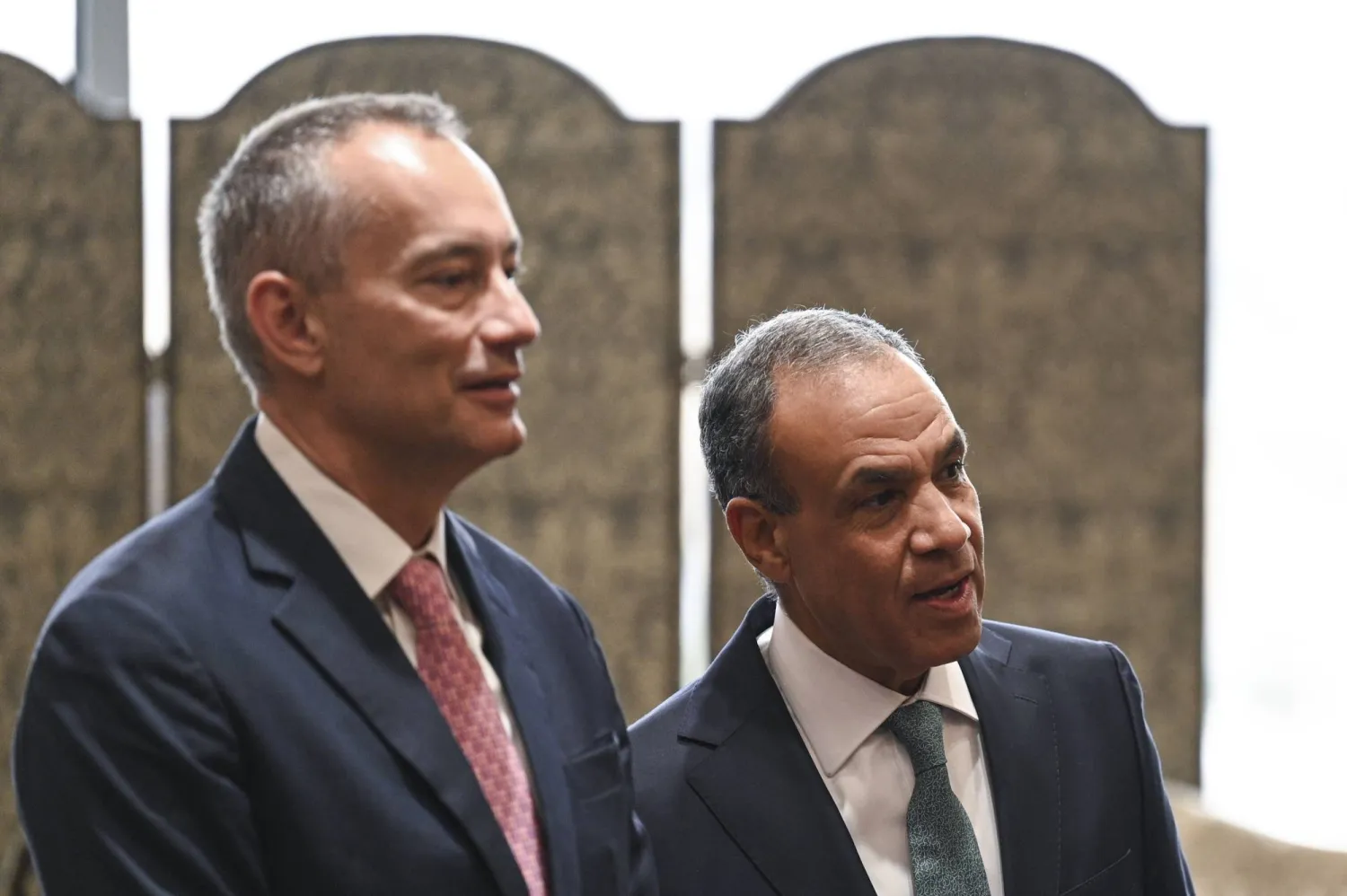 Egyptian Foreign Minister Badr Abdelatty (R) meets with Bulgarian diplomat and US-appointed High Representative for Gaza and Director General of the Board of Peace, Nikolay Mladenov, at the New Administrative Capital, east of Cairo, Egypt, 01 April 2026. (EPA)