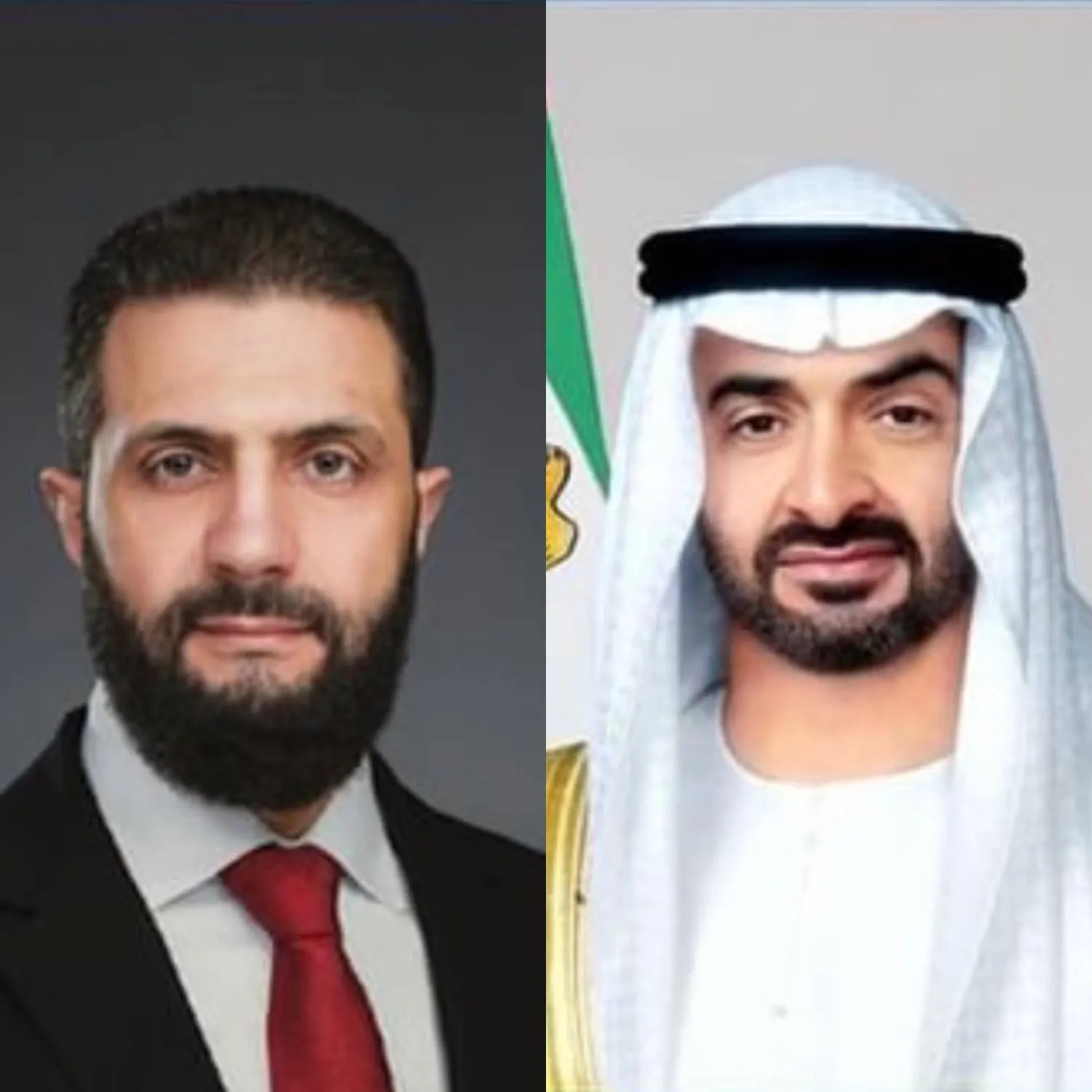 الشيخ محمد بن زايد آل نهيان رئيس دولة الإمارات مع أحمد الشرع الرئيس السوري (وام)