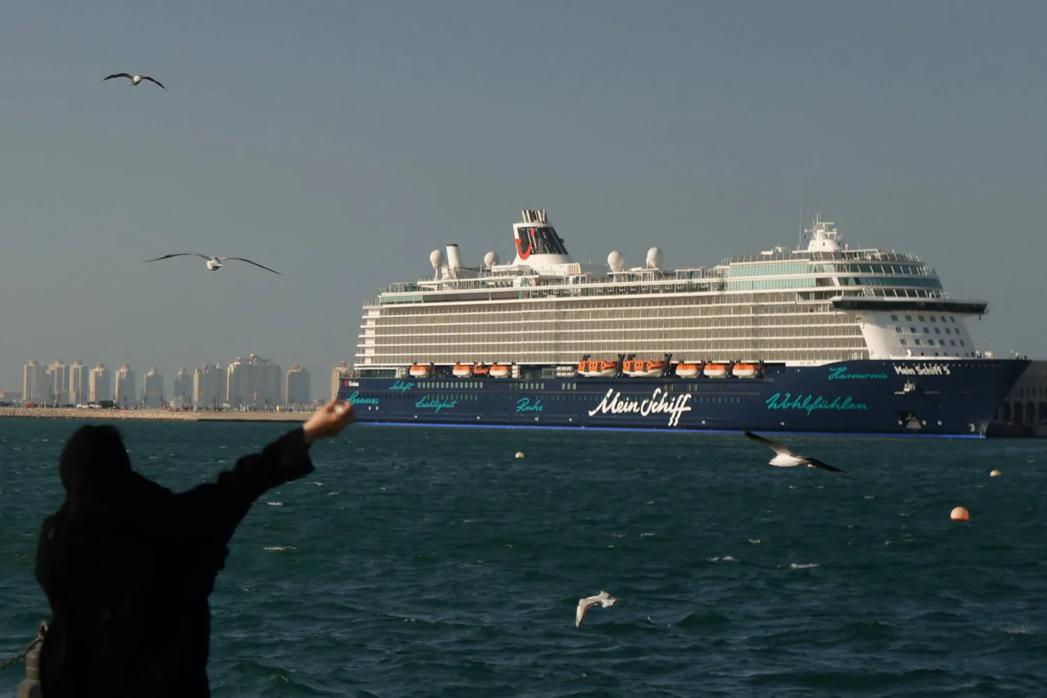 امرأة تطعم طيور النورس على طول الممشى البحري وخلفها سفينة الرحلات البحرية «ماين شيف» الراسية في منطقة ميناء الدوحة (أ.ف.ب)