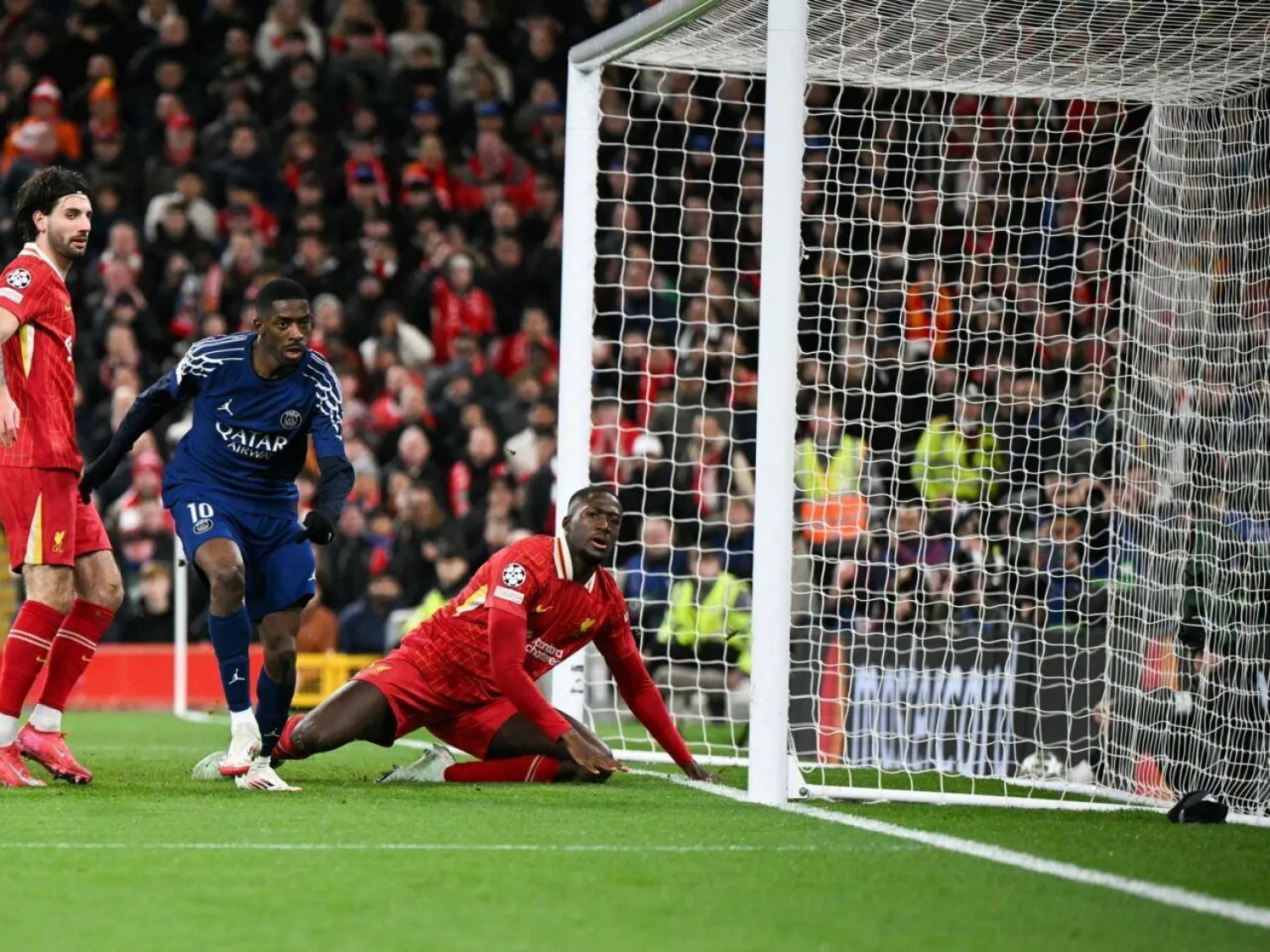 Ousmane Dembele celebrates after scoring for PSG against Liverpool at Anfield in the Champions League last season. Oli SCARFF / AFP/File

