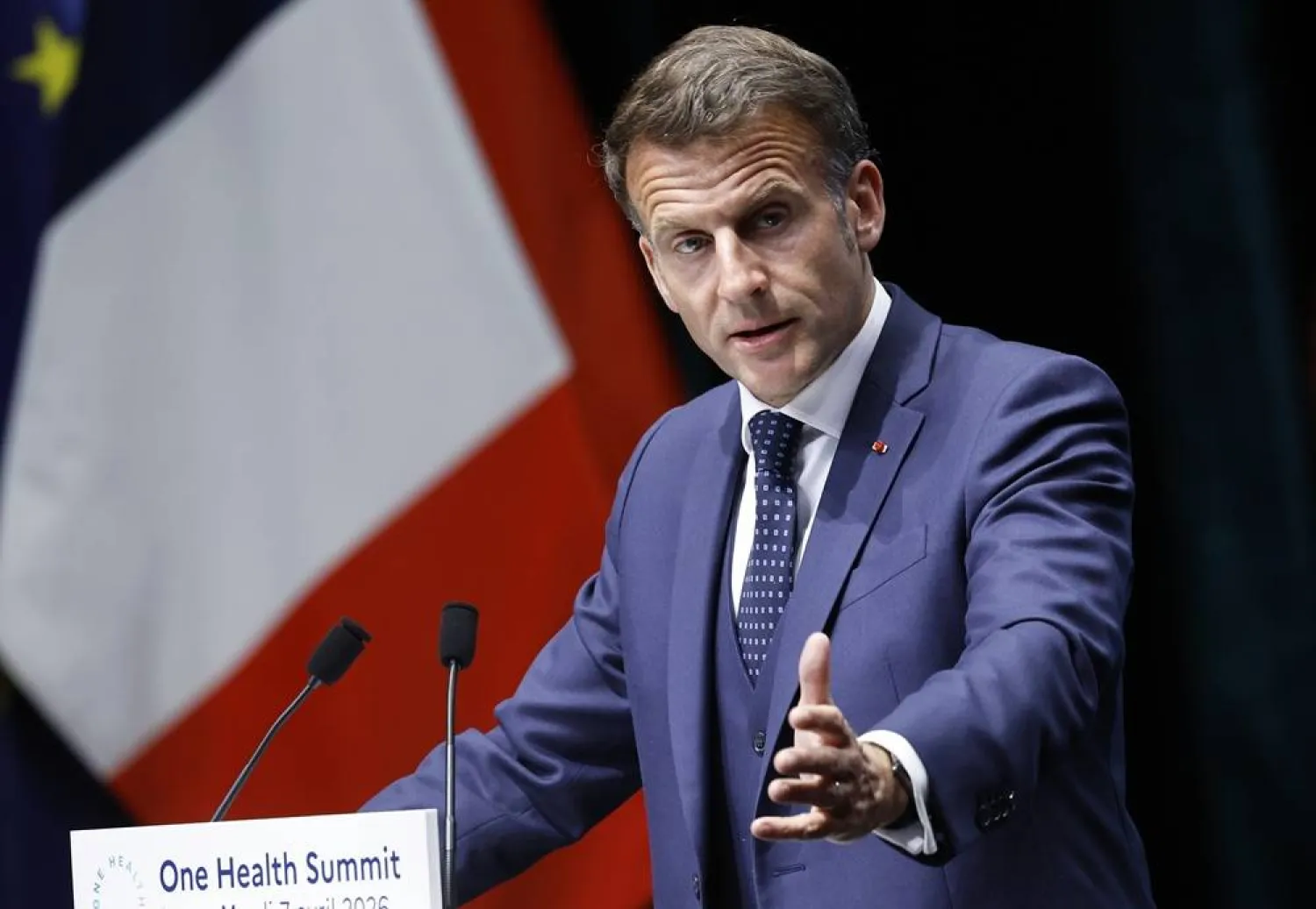  French President Emmanuel Macron delivers a speech at the opening session of the "One Health Summit" in Lyon, France, Tuesday April 7, 2026. (AP)