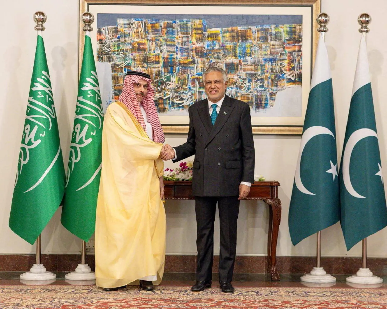 Saudi Minister of Foreign Affairs Prince Faisal bin Farhan bin Abdullah meets with Pakistan's Deputy Prime Minister and Minister for Foreign Affairs Senator Mohammad Ishaq Dar at the Ministry of Foreign Affairs on the day Pakistan hosts talks with the Foreign Ministers of Saudi Arabia, Egypt and Türkiye to discuss regional de-escalation, amid the US-Israel conflict with Iran, in Islamabad, Pakistan, March 29, 2026. (SPA) 