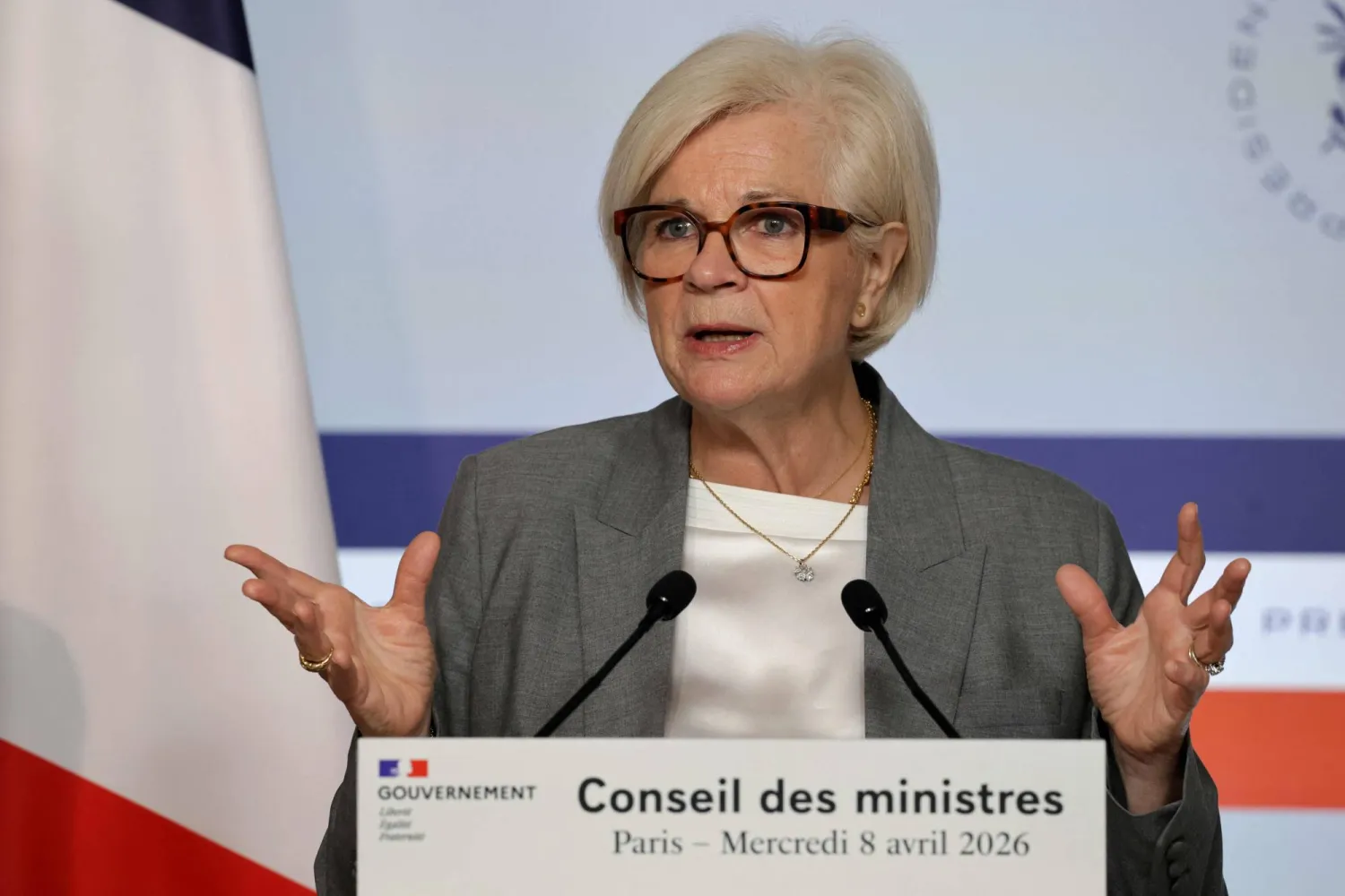  France's Defense Minister Catherine Vautrin speaks during the press conference following the weekly cabinet meeting at the Elysee Palace in Paris on April 8, 2026. (AFP)