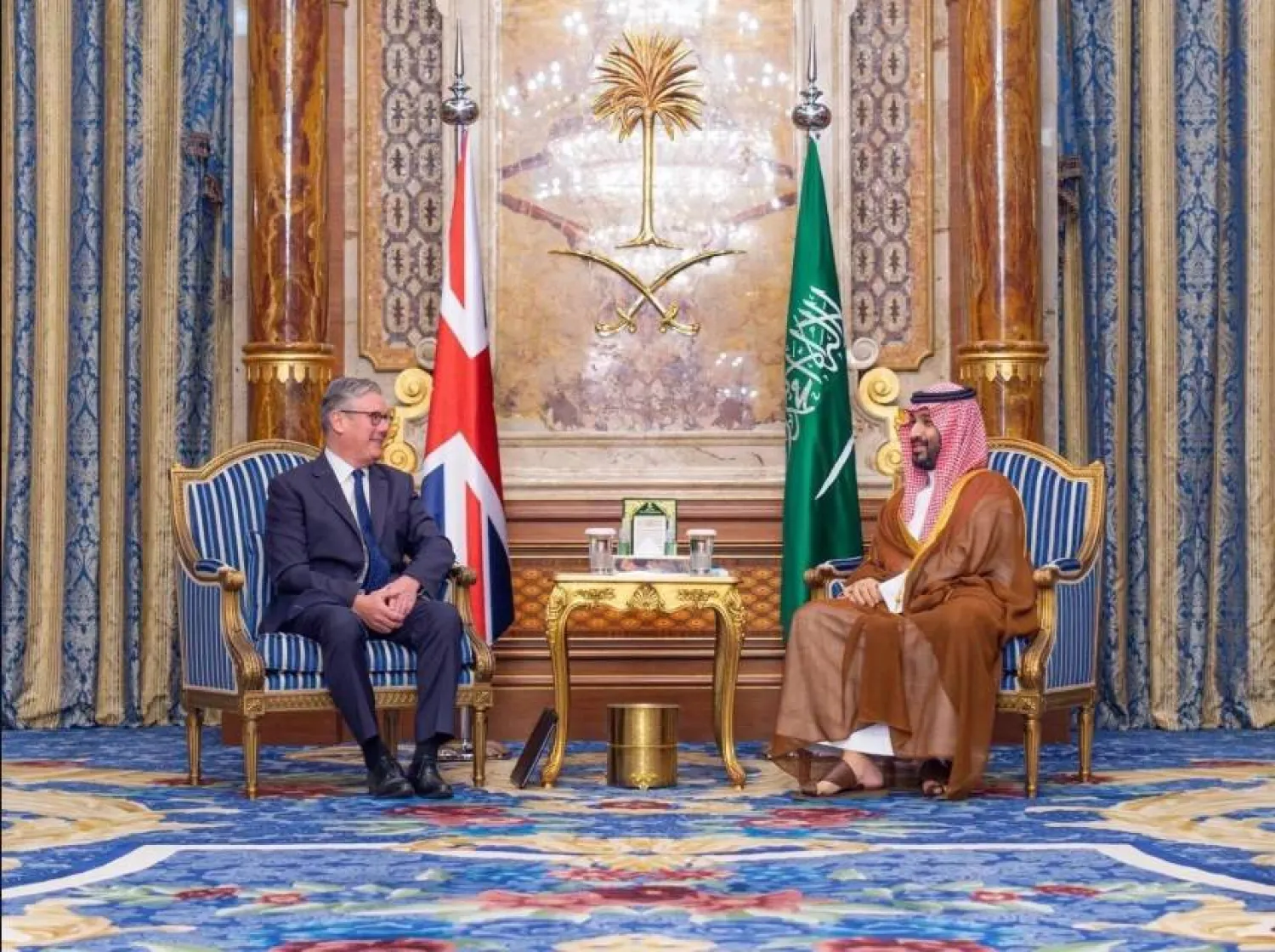 Saudi Crown and Prime Minister Prince Mohammed bin Salman bin Abdulaziz Al Saud meets with British PM Keir Starmer in Jeddah. SPA
