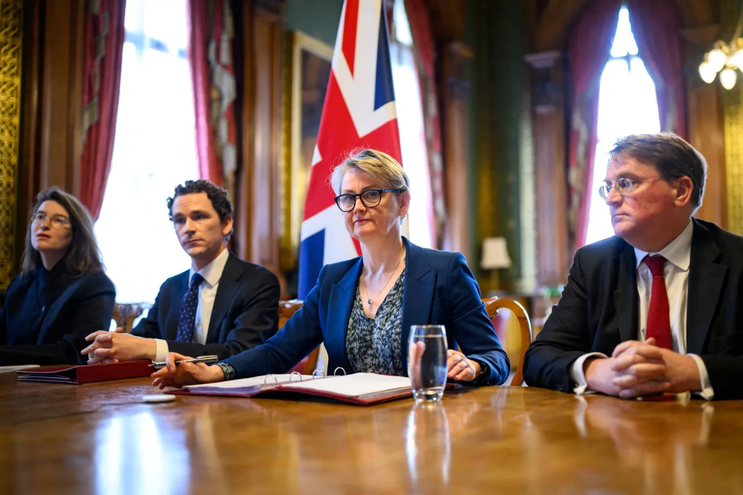British Foreign Secretary Yvette Cooper prepares to speak during a virtual summit at the Foreign & Commonwealth Office in London, England, April 2, 2026. Leon Neal/Pool via REUTERS