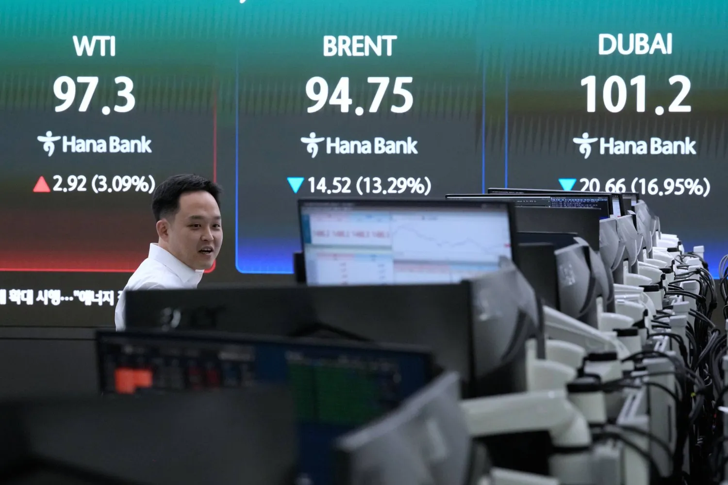 A currency trader works near a screen showing international oil prices at the foreign exchange dealing room of the Hana Bank headquarters in Seoul, South Korea, Thursday, April 9, 2026. (AP Photo/Ahn Young-joon)