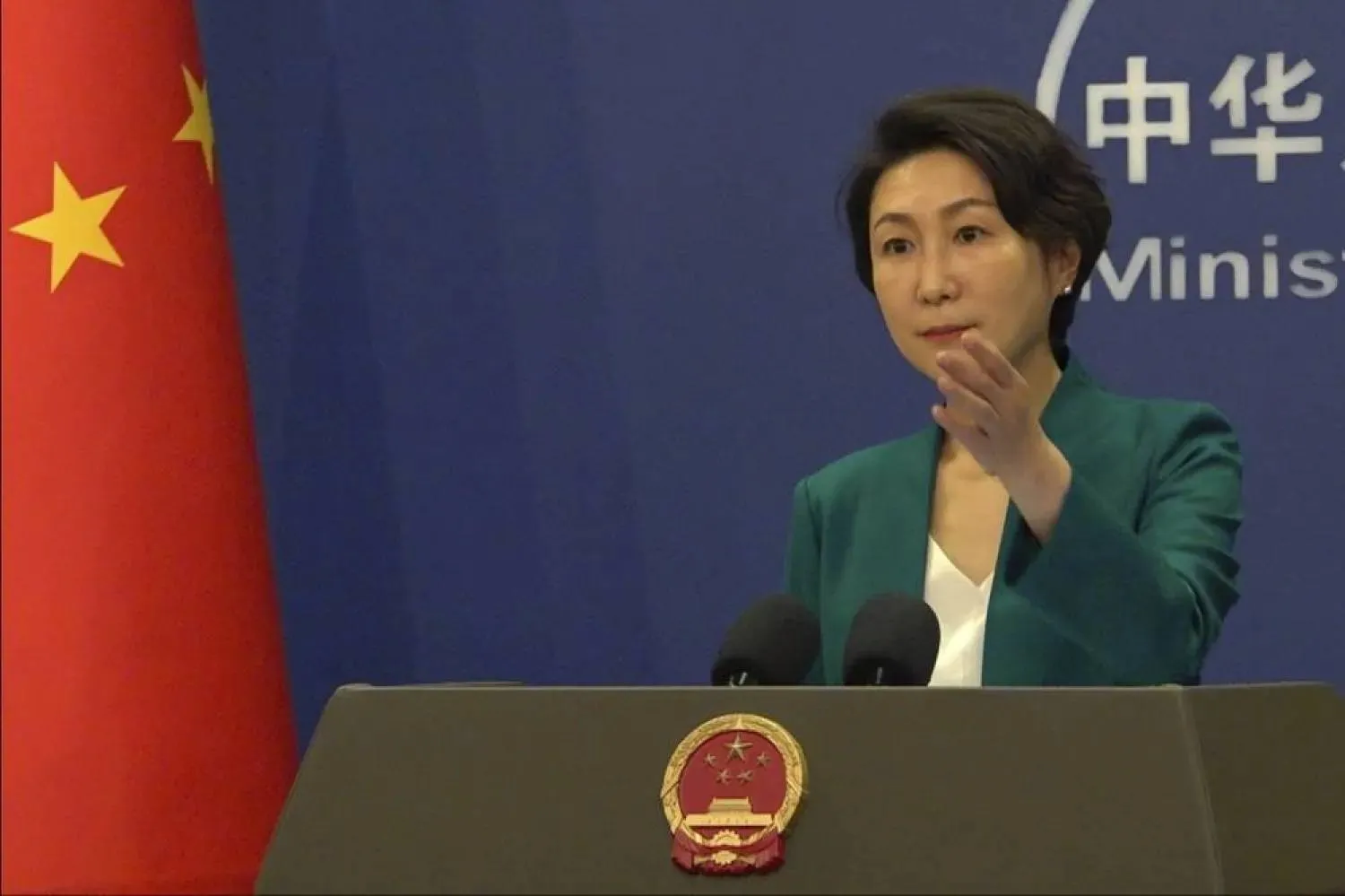 In this image taken from video, China's Foreign Ministry spokesperson Mao Ning speaks during a regular briefing held in Beijing, Friday, May 23, 2025. (AP Photo/Liu Zheng) 
