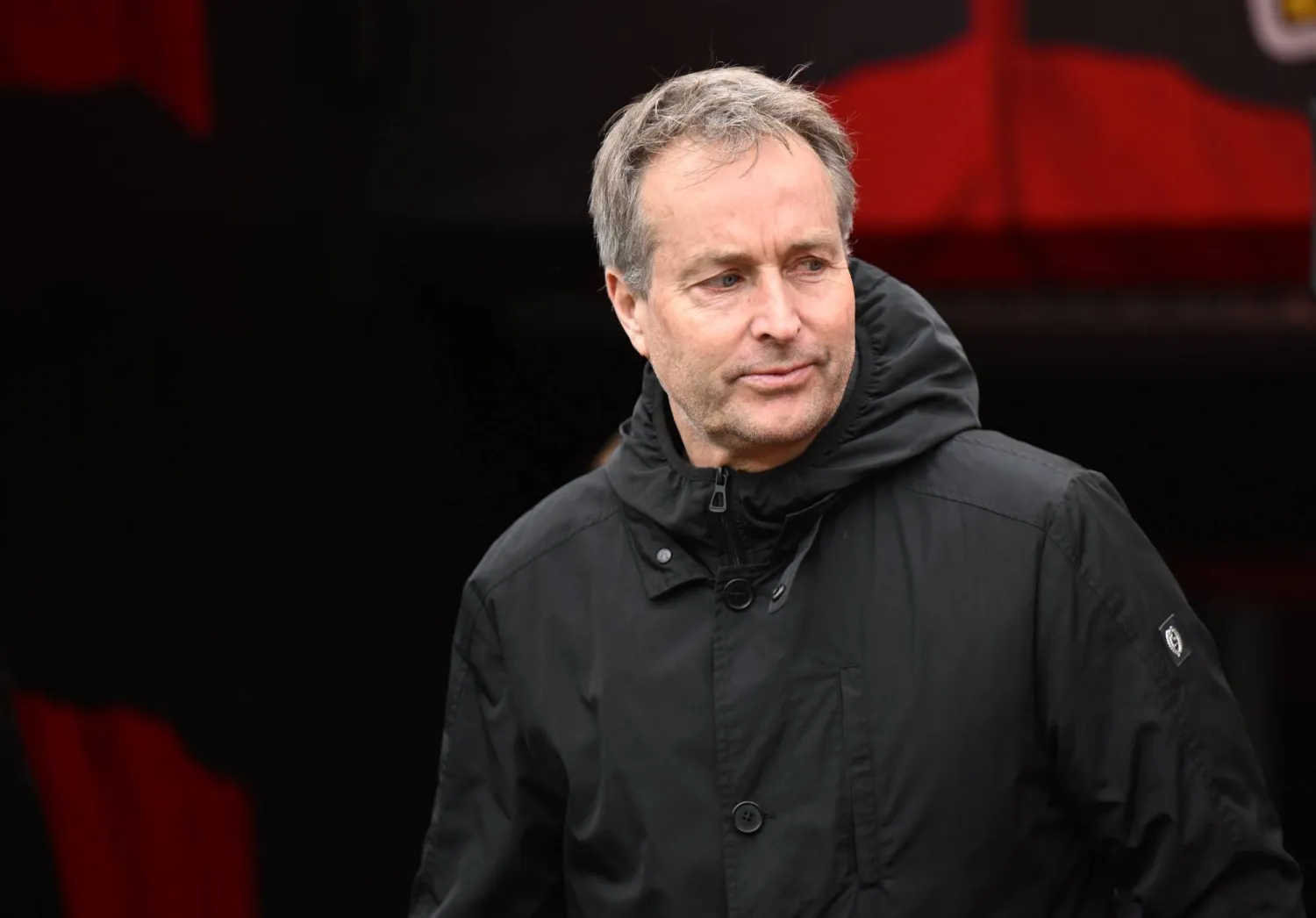 Bayer Leverkusen's Danish head coach Kasper Hjulmand looks on ahead the German first division Bundesliga football match between Bayer leverkusen and VfL Wolfsburg in Leverkusen on April 4, 2026. (Photo by INA FASSBENDER / AFP) 