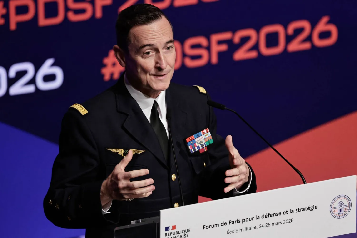 General Chief of Staff of the French armed Forces Fabien Mandon delivers remarks during the Paris Defense Strategy Forum at the Ecole Militaire (military school) in Paris on March 24, 2026. (Photo by STEPHANE DE SAKUTIN / AFP)