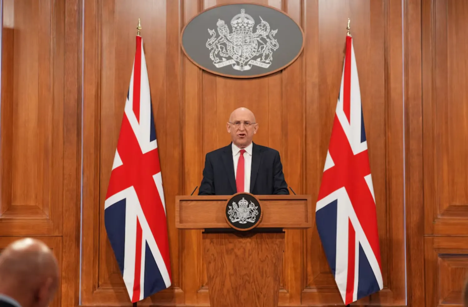 Britain's Defense Secretary John Healey delivers a statement on recent UK operational activity at 9 Downing Street in Westminster, central London, Britain, April 9, 2026. Yui Mok/Pool via REUTERS 