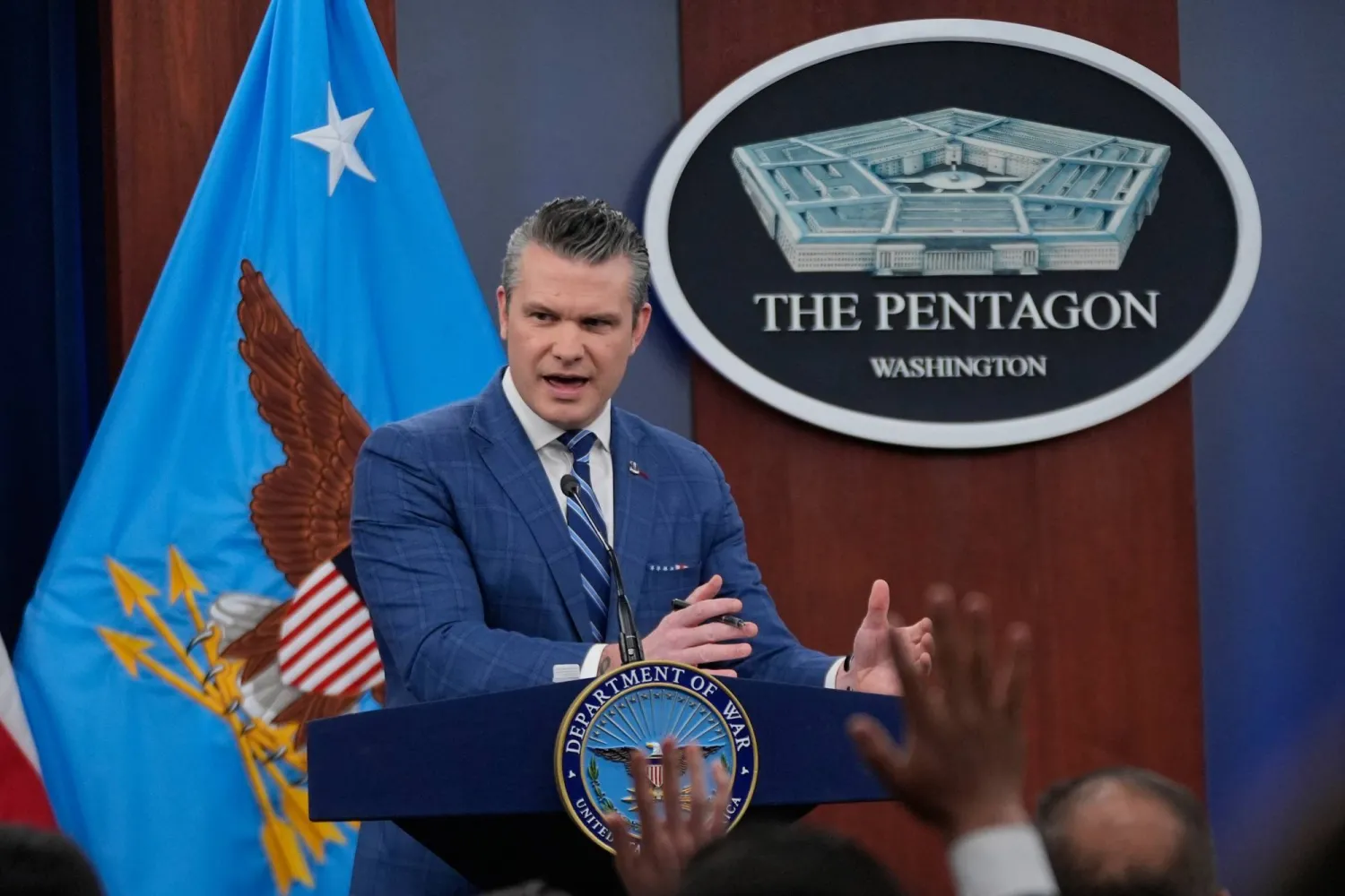 Defense Secretary Pete Hegseth speaks to members of the media during a press briefing at the Pentagon in Washington, Wednesday, April 8, 2026. (AP Photo/Manuel Balce Ceneta)