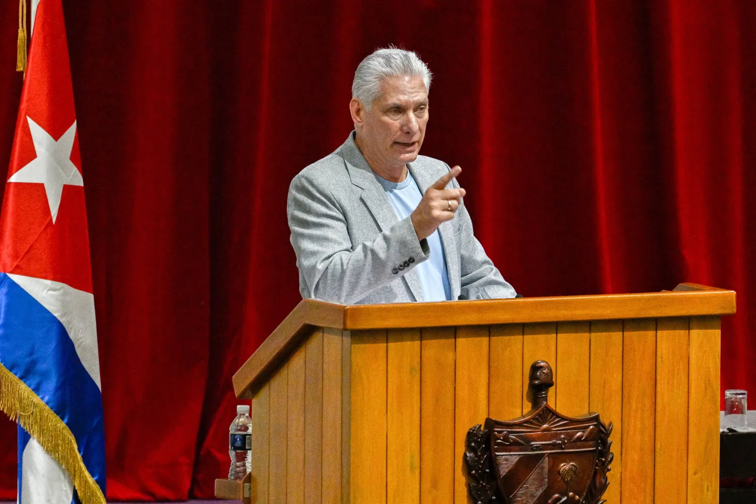 Cuban President Miguel Diaz-Canel delivers a welcome address to politicians and activists of the Our America Convoy at the Convention Palace in Havana, Cuba, 20 March 2026. EPA/ADALBERTO ROQUE/ POOL