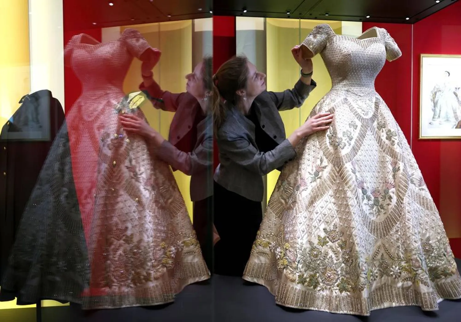 The coronation dress of Britain’s Queen Elizabeth II worn in 1953 is displayed at the exhibition “Queen Elizabeth II: Her Life in Style” at The King’s Gallery, Buckingham Palace in London, Britain, 09 April 2026. (EPA) 