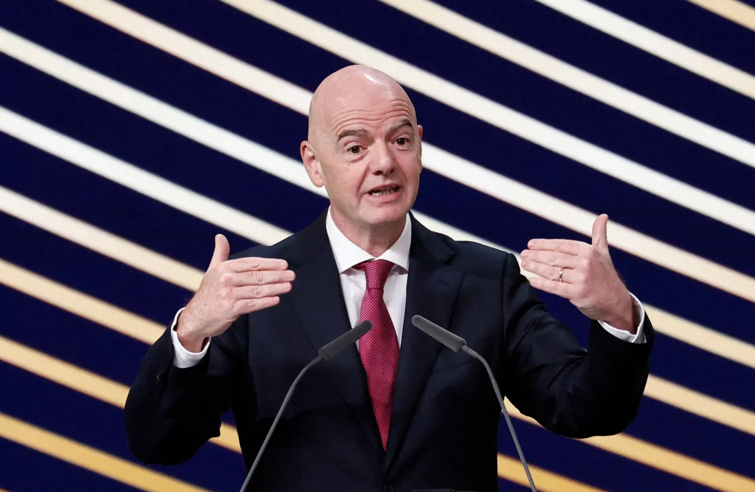 FILE PHOTO: Soccer Football - 50th Ordinary UEFA Congress - Brussels Expo, Brussels, Belgium - February 12, 2026 FIFA president Gianni Infantino speaks during the event REUTERS/Benoit Tessier/File Photo