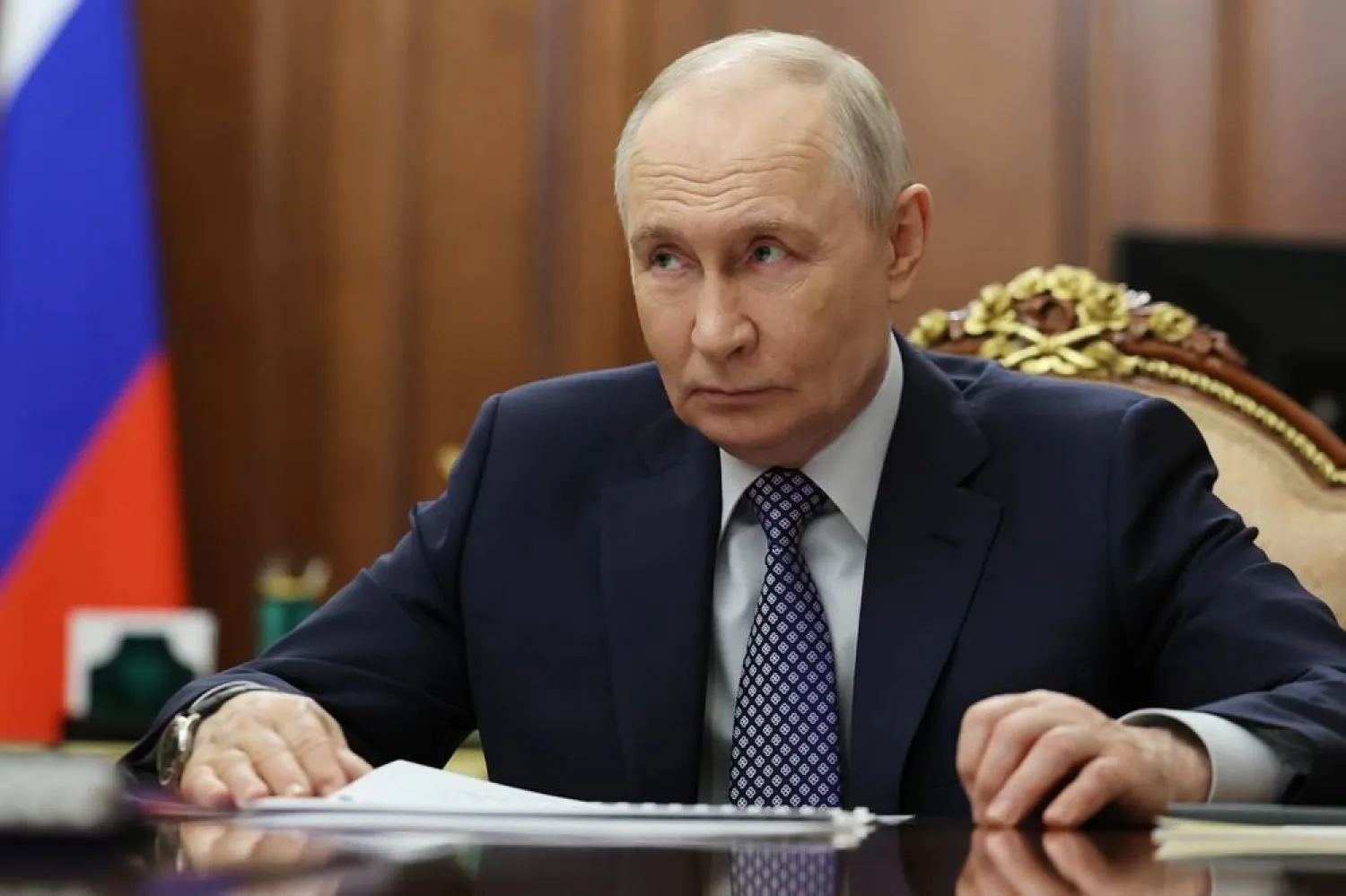  Russian President Vladimir Putin listens to Deputy Prime Minister, Chief of the Government Staff Dmitry Grigorenko during their meeting at the Kremlin, in Moscow, Thursday, April 9, 2026. (Alexander Kazakov/Sputnik, Kremlin Pool Photo via AP) 
