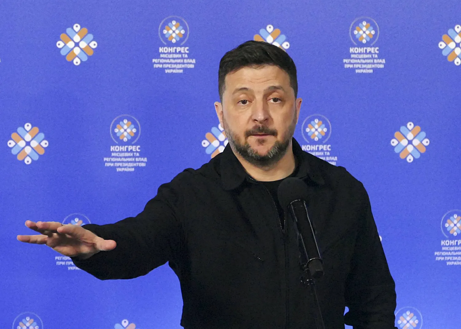 Ukrainian President Volodymyr Zelenskyy speaks as he chairs a meeting of the Congress of Local and Regional Authorities in Uzhhorod, western Ukraine, 09 April 2026, amid the Russian invasion. (EPA)