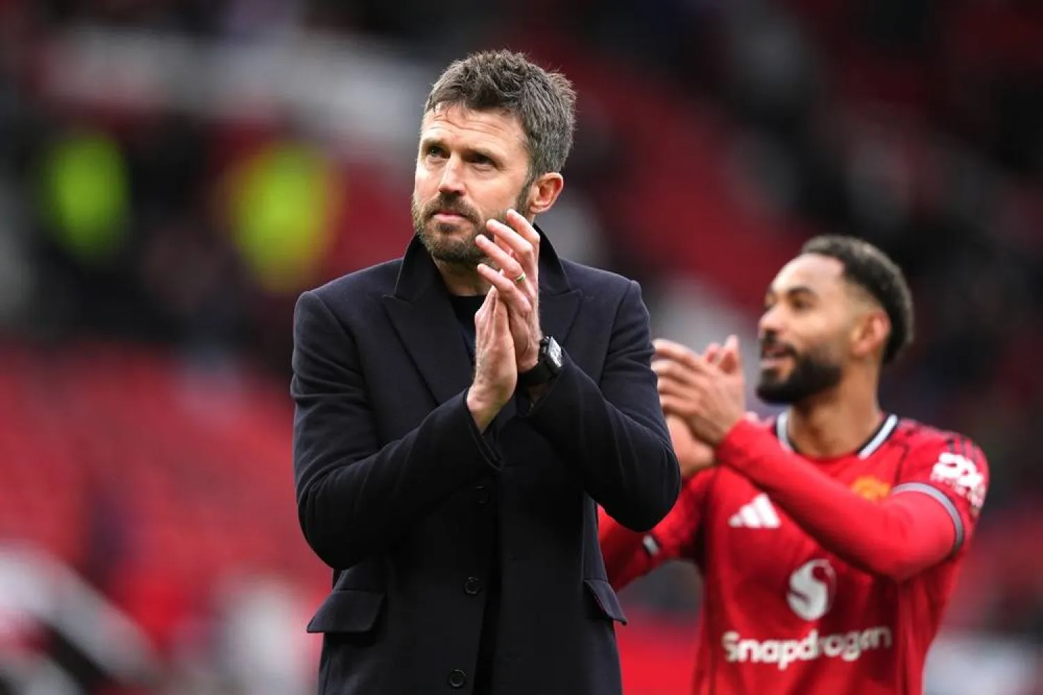 15 March 2026, United Kingdom, Manchester: Manchester United manager Michael Carrick reacts after the English Premier League soccer match between Manchester United and Aston Villa at Old Trafford. (dpa)