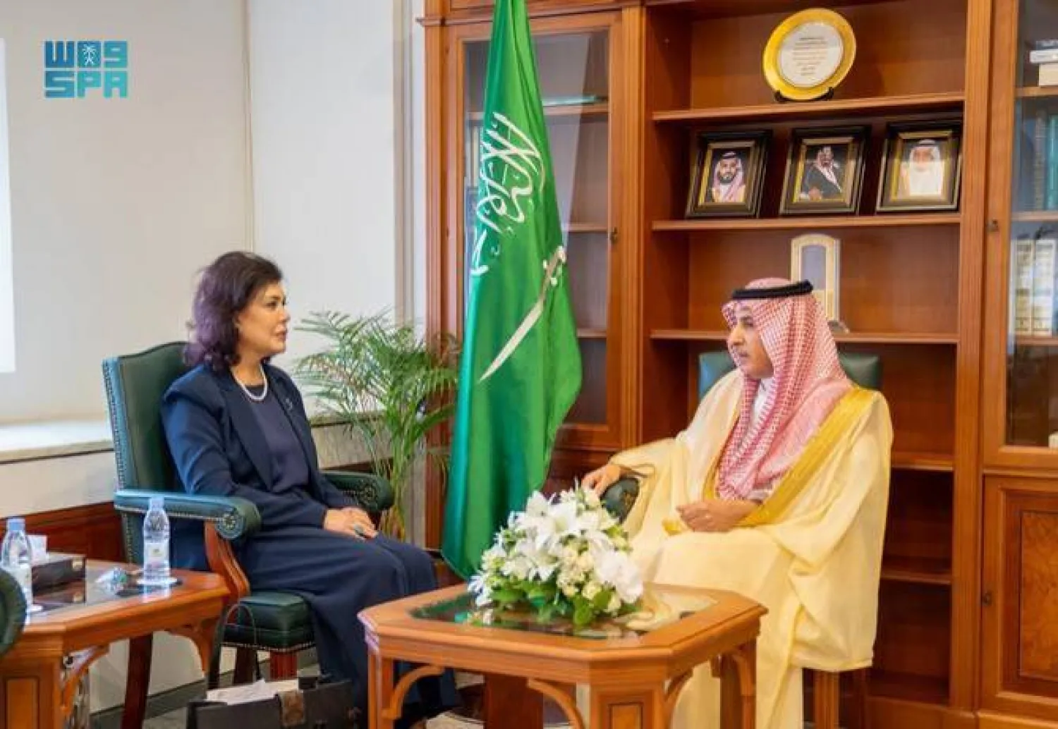 The Foreign Ministry’s Undersecretary for Political Affairs, Dr. Saud Al-Sati, and the Iraqi Ambassador Safia Al Souhail. SPA