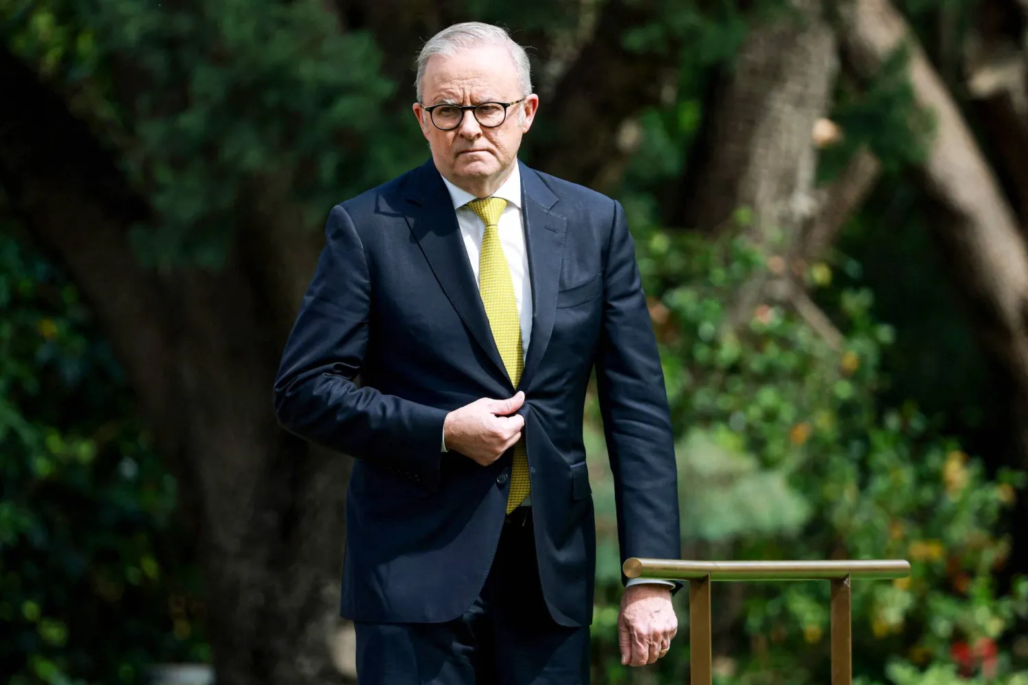Australia's Prime Minister Anthony Albanese arrives at a welcome ceremony for Israel's President Isaac Herzog at Government House in Canberra on February 11, 2026. (Photo by DAVID GRAY / AFP)