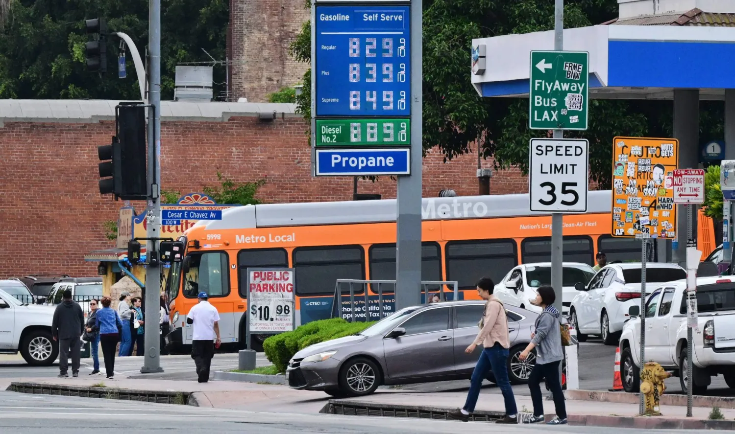 Gas prices are displayed at a Chevron station in Los Angeles, California, on March 31, 2026,(Photo by Frederic J. BROWN / AFP)