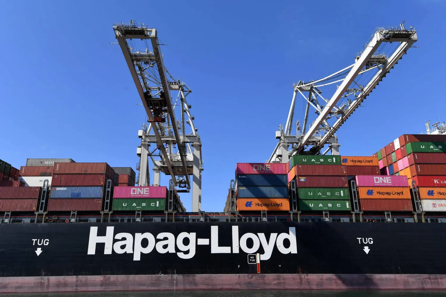 (FILES) A Hapag Lloyd container ship is seen in Rotterdam's harbour on August 1, 2022. (Photo by JOHN THYS / AFP)