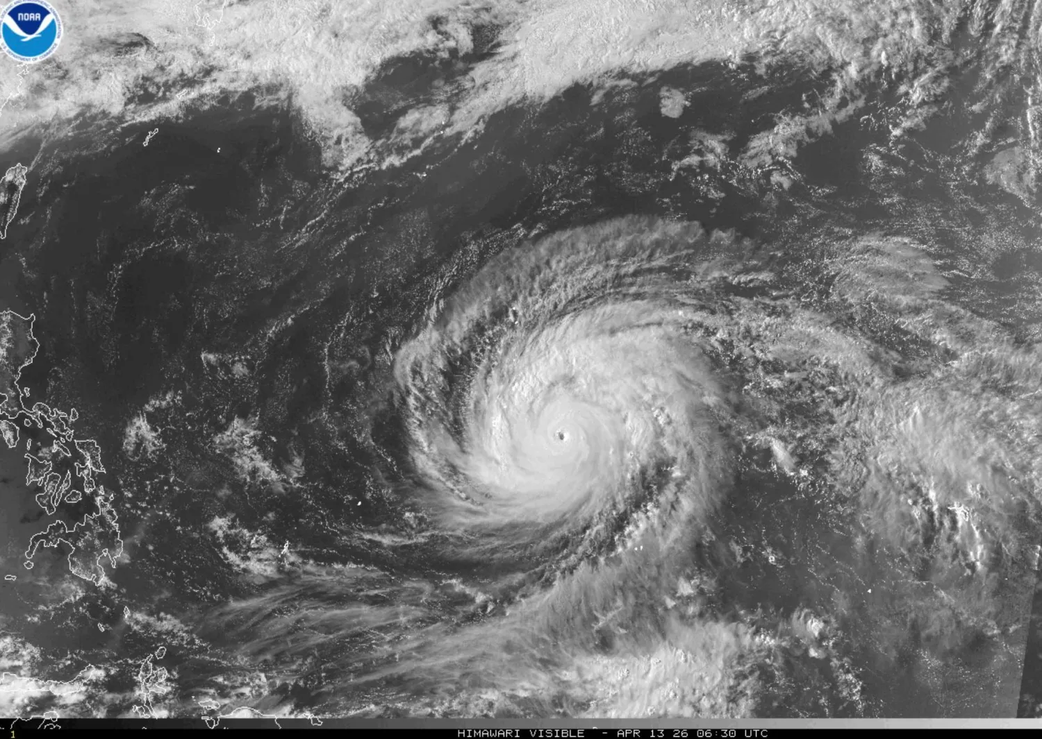  This satellite image provided by the National Oceanographic and Atmospheric Administration (NOAA) shows Super Typhoon Sinlaku in the Pacific Ocean, Monday, April 13, 2026. (NOAA via AP) 