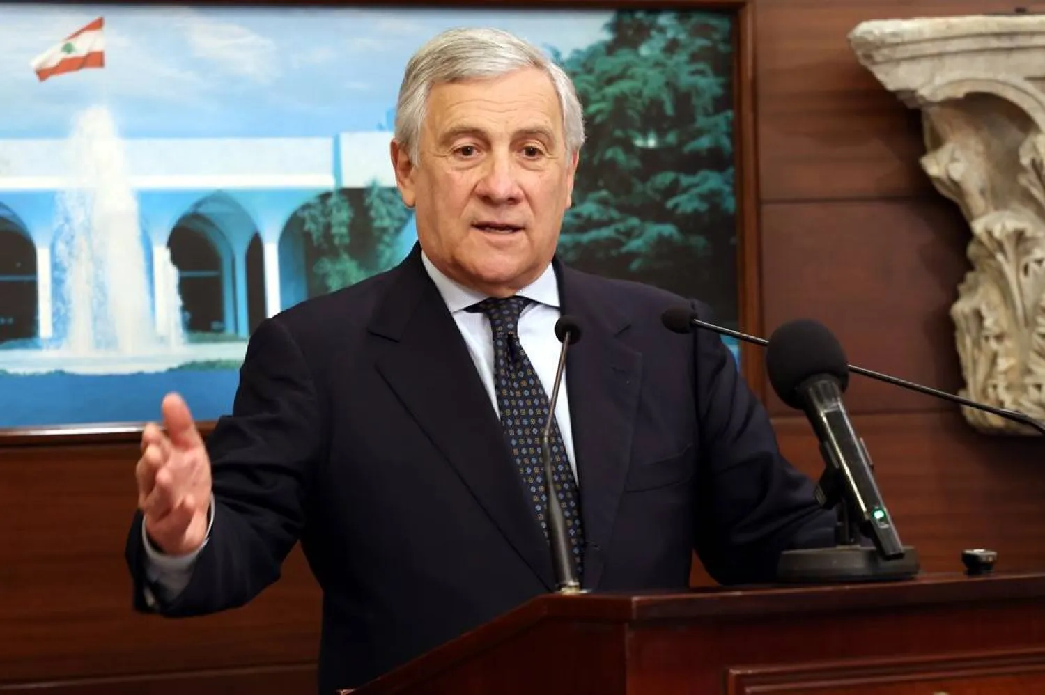 A handout photo made available by the Lebanese Presidency press office shows Italy's Minister for Foreign Affairs Antonio Tajani speaking during a news conference after a meeting with Lebanese President Joseph Aoun (not pictured) at the Presidential Palace in Baabda, east of Beirut, Lebanon, 13 April 2026. (EPA/Lebanese Presidency)