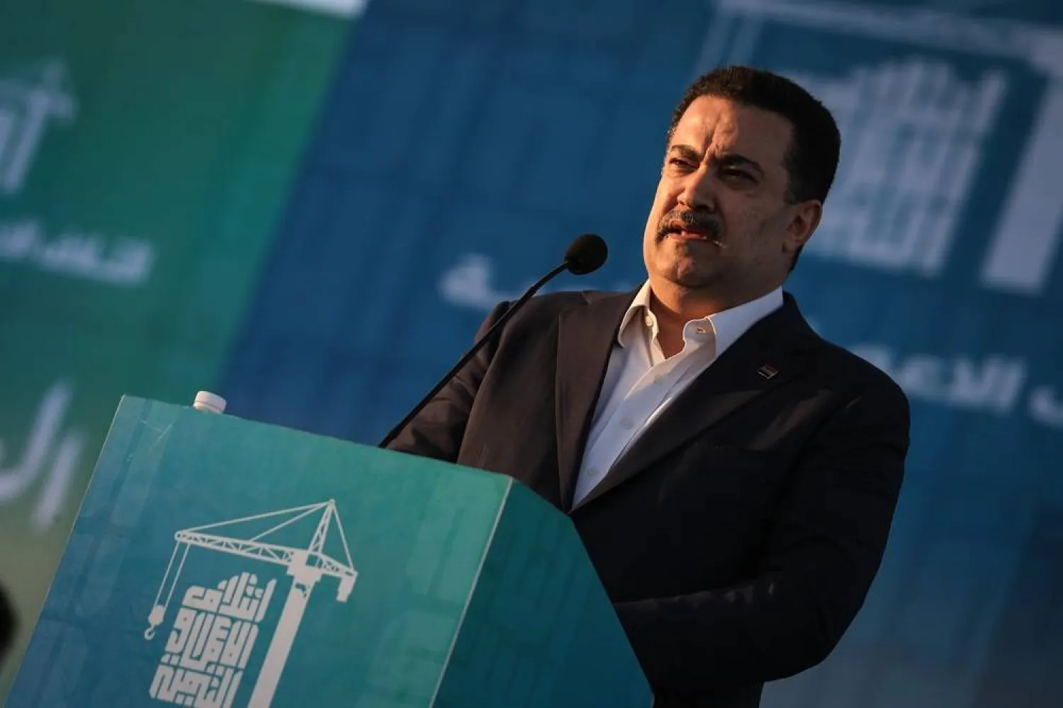 02 November 2025, Iraq, Najaf: Iraqi Prime Minister Mohammed Shia al-Sudani delivers a speech during a campaign rally of his Reconstruction and Development Coalition in Najaf. (dpa)