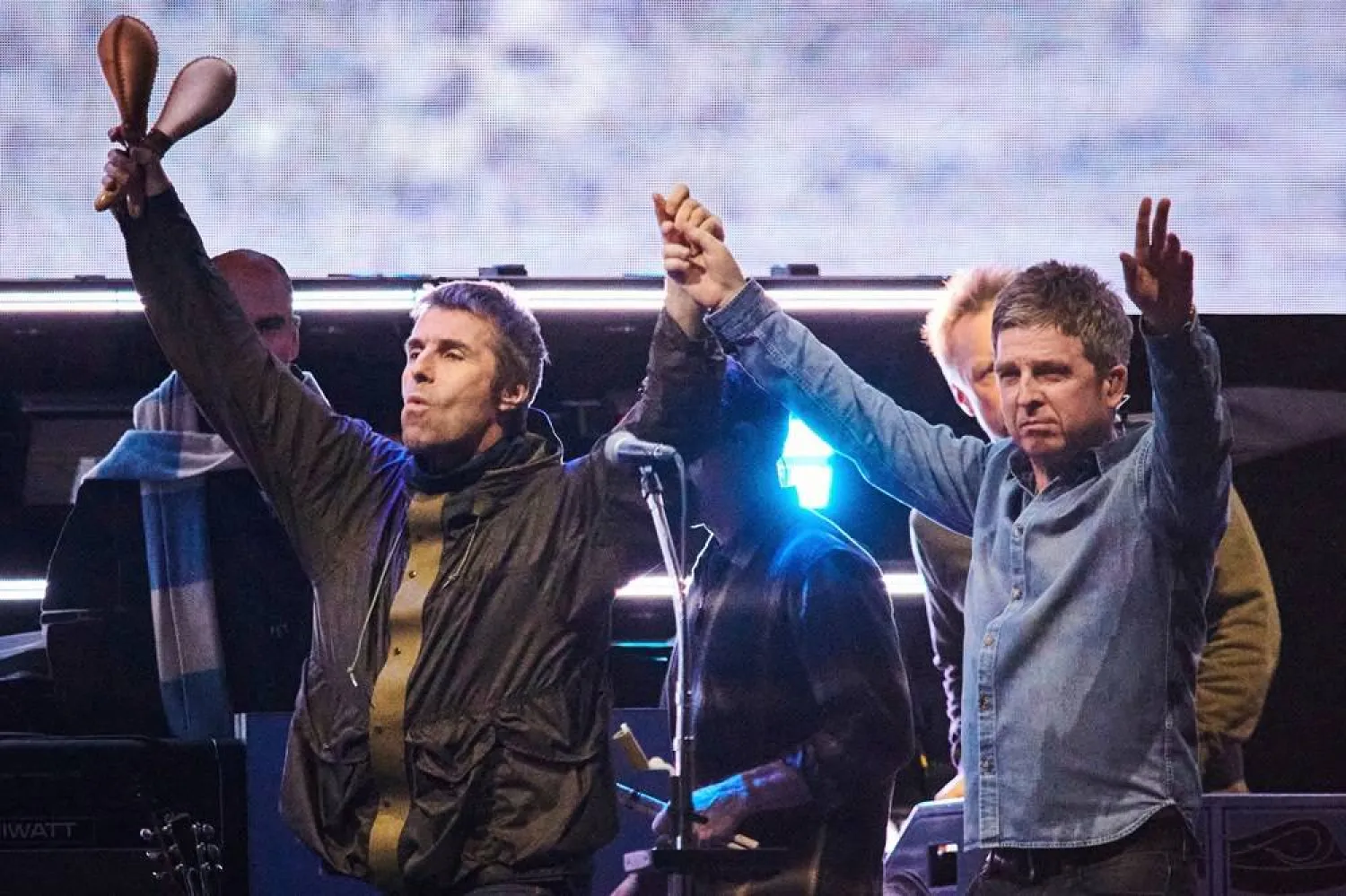 Liam Gallagher, left, and Noel Gallagher of Oasis appear during their reunion tour in Toronto on Aug. 24, 2025. (Sammy Kogan/The Canadian Press via AP, File) 