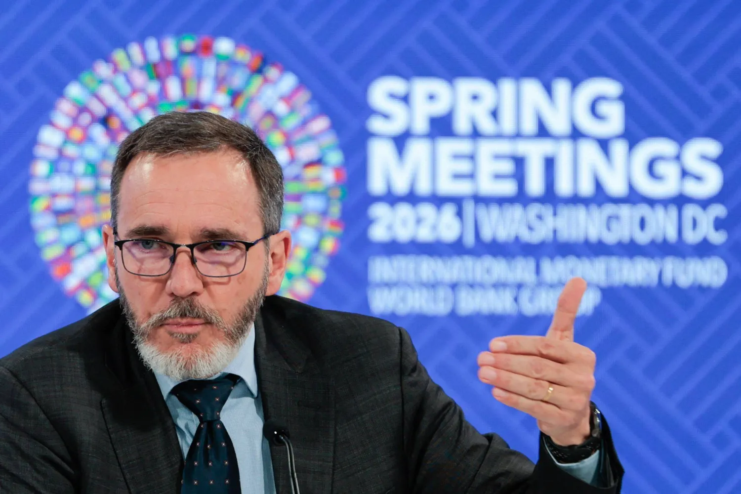 Pierre-Olivier Gourinchas, Director of IMF Research Department, speaks during an economic outlook briefing during the 2026 IMF and World Bank Group Spring Meetings in Washington, DC, on April 14, 2026. (AFP) 