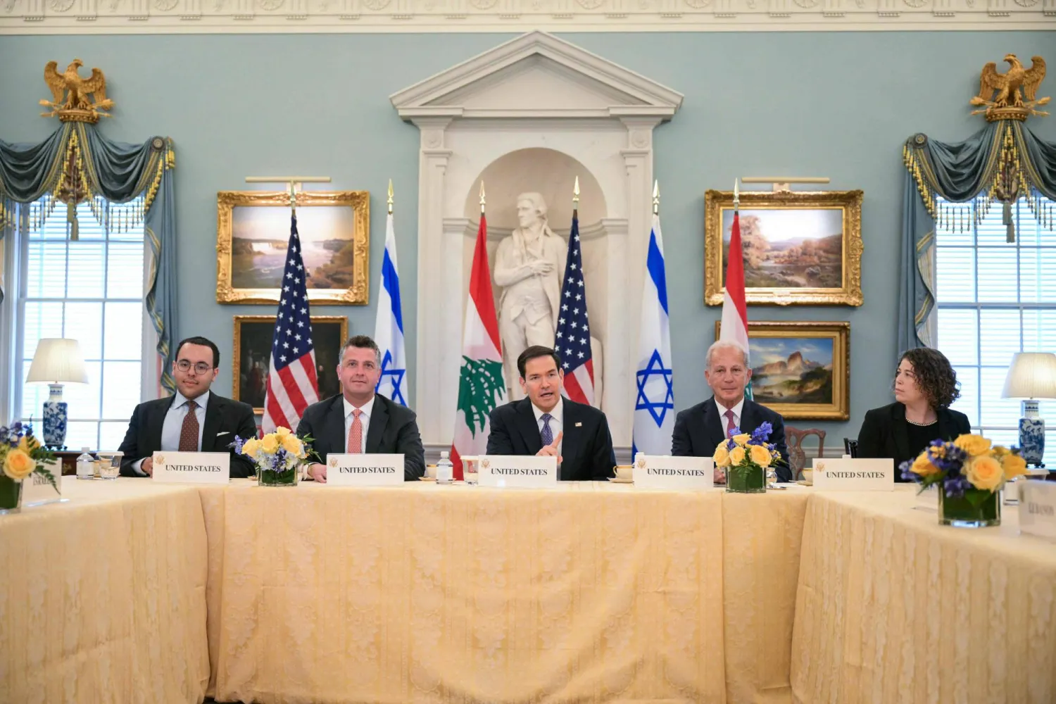 US Secretary of State Marco Rubio (C), alongside US State Department Counselor Michael Needham (2L) and US Ambassador to Lebanon Michel Issa (2R), speaks during a meeting with Lebanon's Ambassador to the US Nada Hamadeh Moawad (out of frame) and Israeli Ambassador to the US Yechiel Leiter (out of frame) at the State Department in Washington, DC, on April 14, 2026. (AFP)