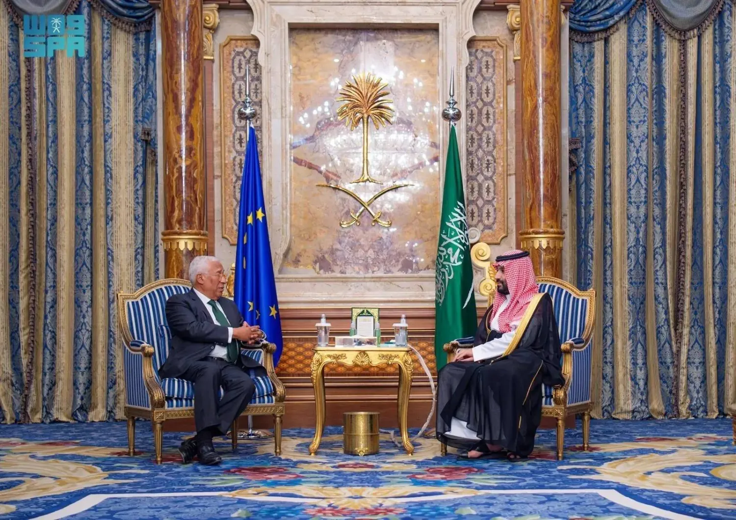 Prince Mohammed bin Salman bin Abdulaziz Al Saud, Saudi Crown Prince and Prime Minister, and President of the European Council Antonio Costa meet in Jeddah on Tuesday. (SPA)