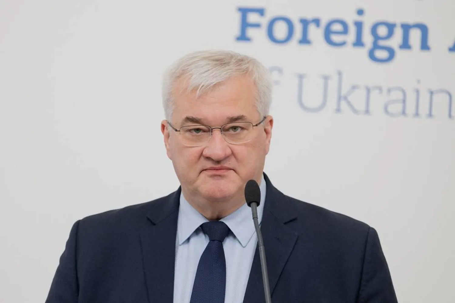 Ukraine's Foreign Minister Andrii Sybiha speaks during a briefing marking Ukrainian Defense Industry Day in Kyiv, on April 13, 2026, amid the Russian invasion of Ukraine. (AFP) 