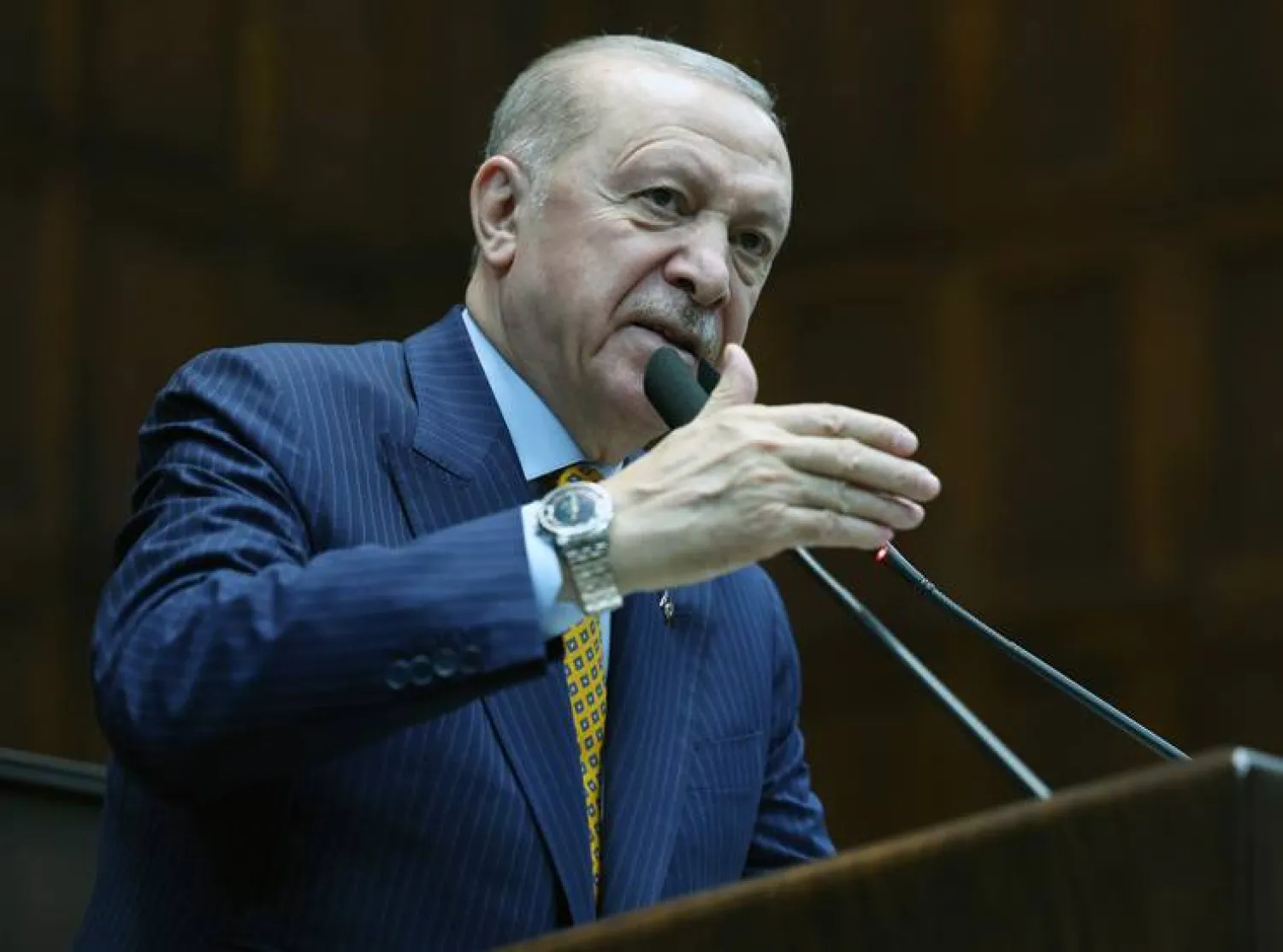 الرئيس التركي رجب طيب إردوغان متحدثاً في البرلمان التركي يوم 15 أبريل (الرئاسة التركية)