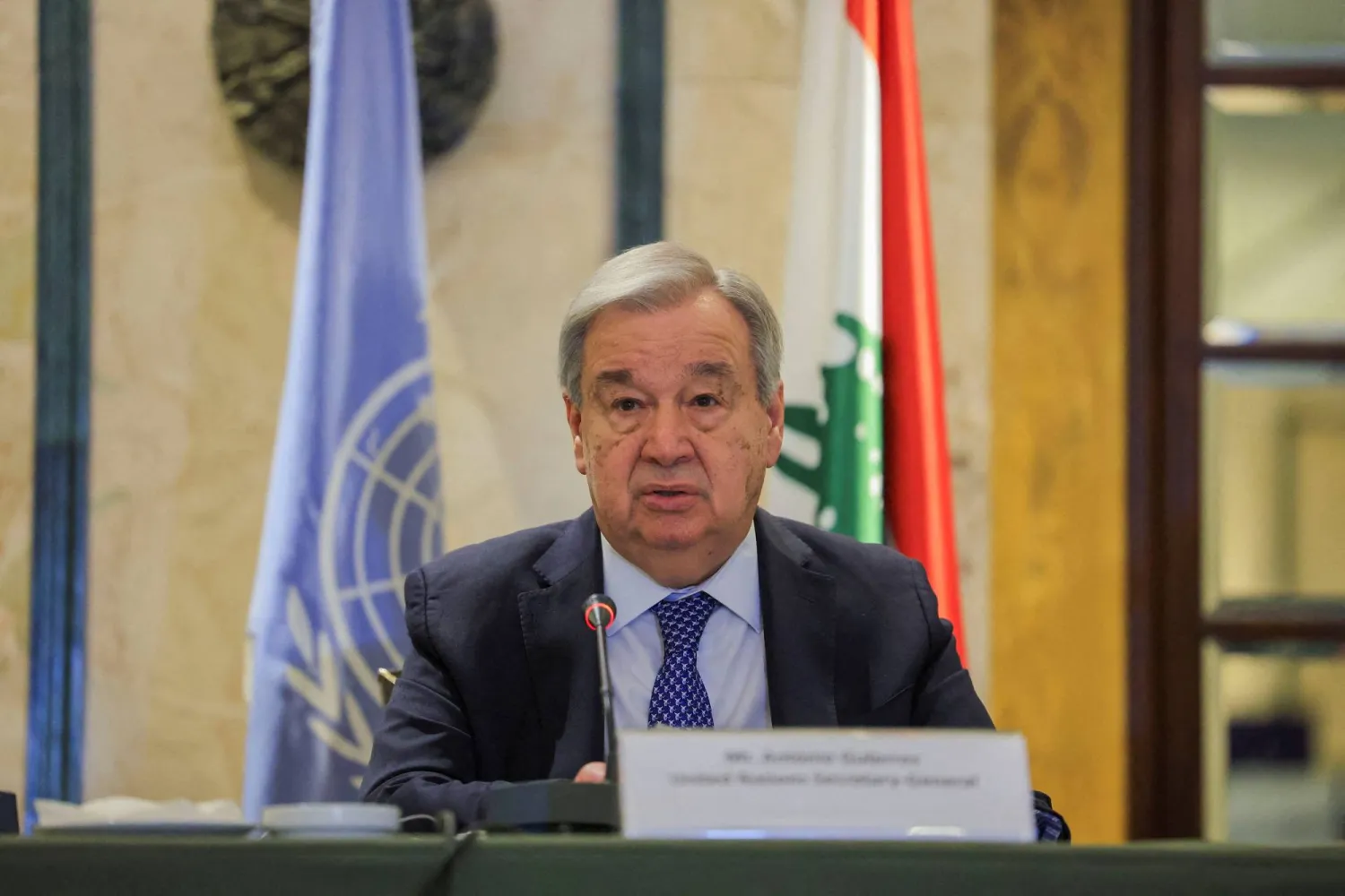 United Nations Secretary-General Antonio Guterres speaks during a press conference, following an escalation between Hezbollah and Israel amid the US-Israeli conflict with Iran, in Beirut, Lebanon, March 14, 2026. (Reuters)
