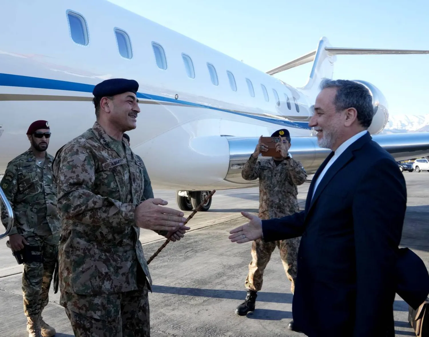 Image published by the Iranian Foreign Ministry of Araghchi receiving Pakistani Army Chief Asim Munir in Tehran on Wednesday.