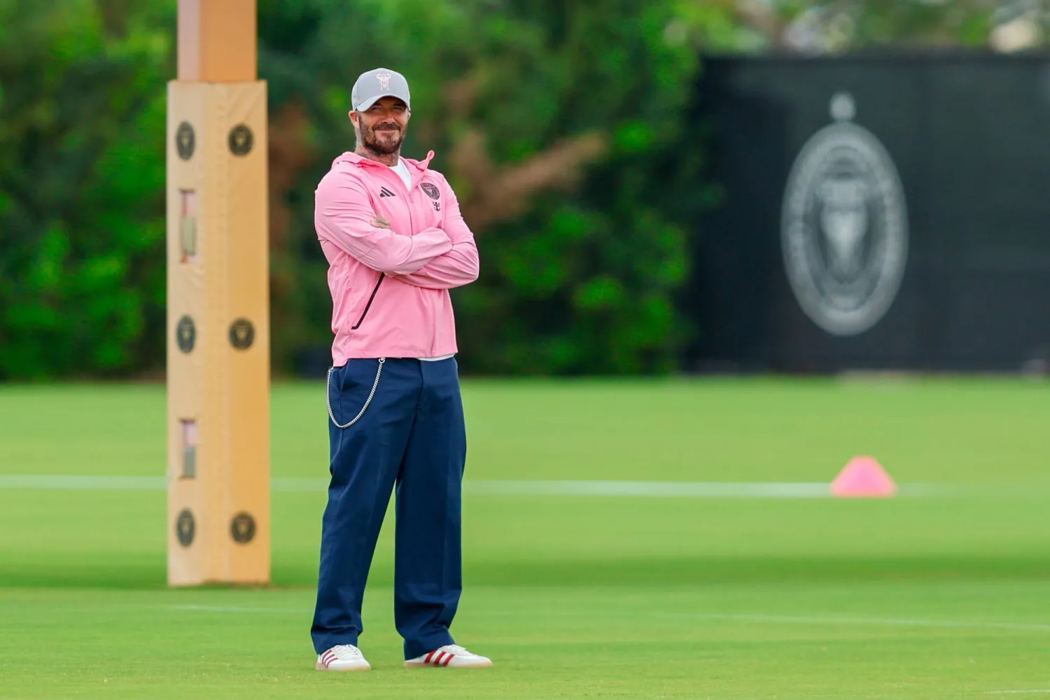 Inter Miami co-owner David Beckham attends a training session at the MLS soccer team's training facility, Wednesday, April 15, 2026, in Fort Lauderdale, Fla. (AP Photo/Chris Arjoon)